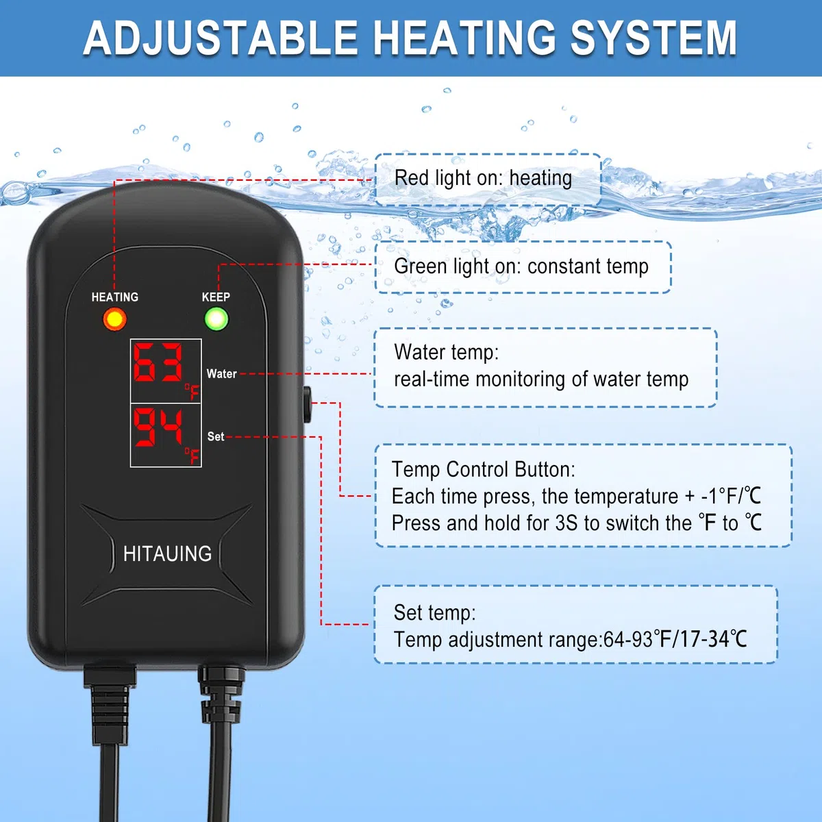 HiTauing Calentador de tanque de peces de 100 W para tanque de 10 a 20 galones, calentador de acuario de calentamiento rápido, protección de seguridad ajustable de 6 puntos, calentador de acuario