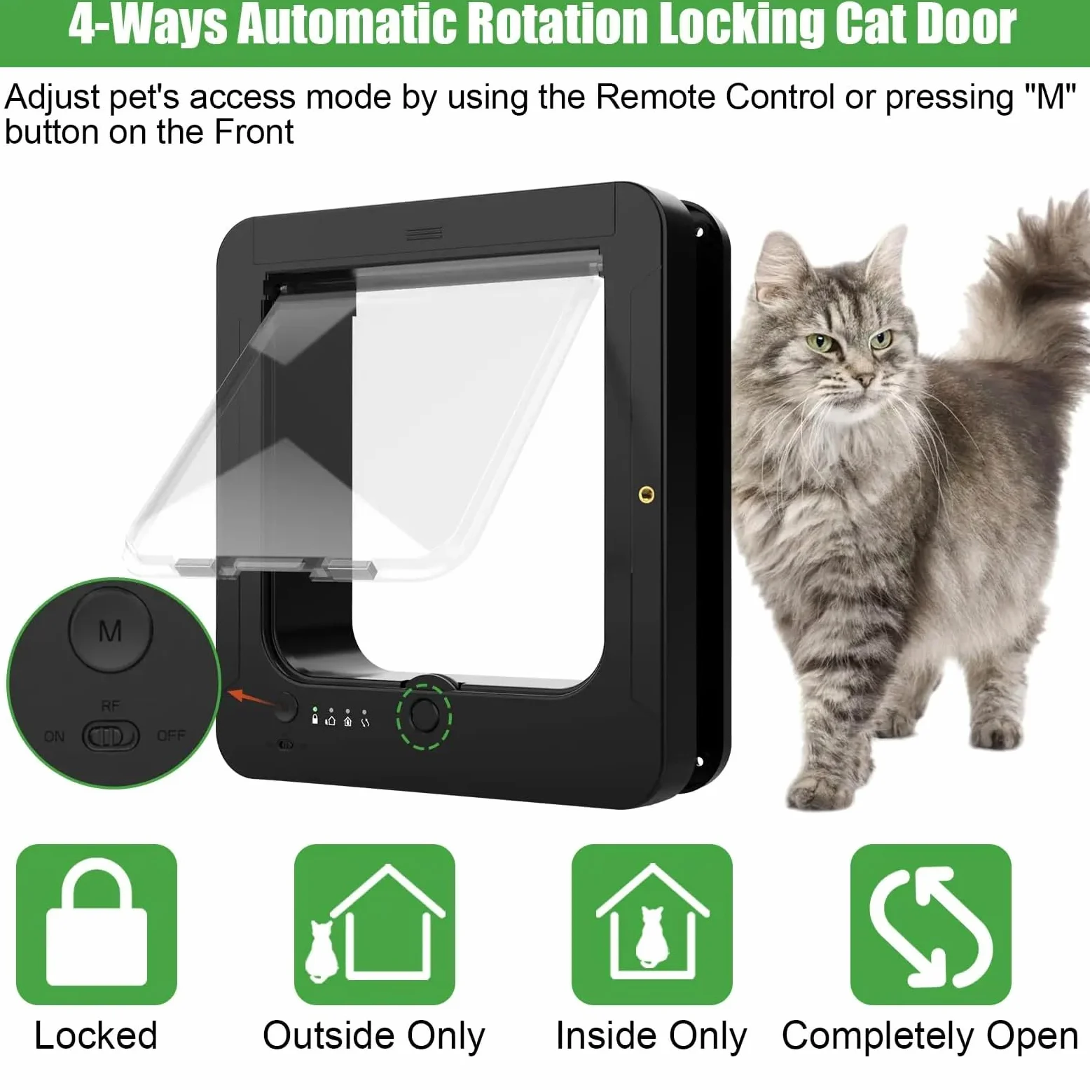 Smart Puerta electrónica automática para gatos con tecnología RFID de microchip, bloqueo de 4 vías, diseño resistente a la intemperie para un acceso seguro de mascotas en hogares