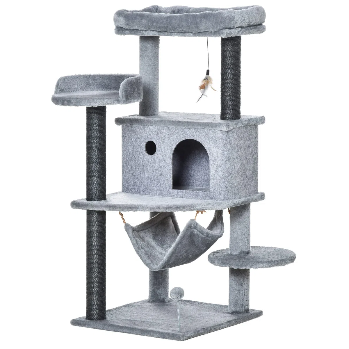 PawHut Árbol Rascador para Gatos 48x48x107 cm con Cueva de Fieltro Desmontable Hamaca Camas de Felpa Múltiples Plataformas Postes Rascadores de Sisal y Juguetes Gris | Cueva de Fieltro Desmontable, Camas de Felpa, Múltiples Plataformas, Postes de Sisal, J
