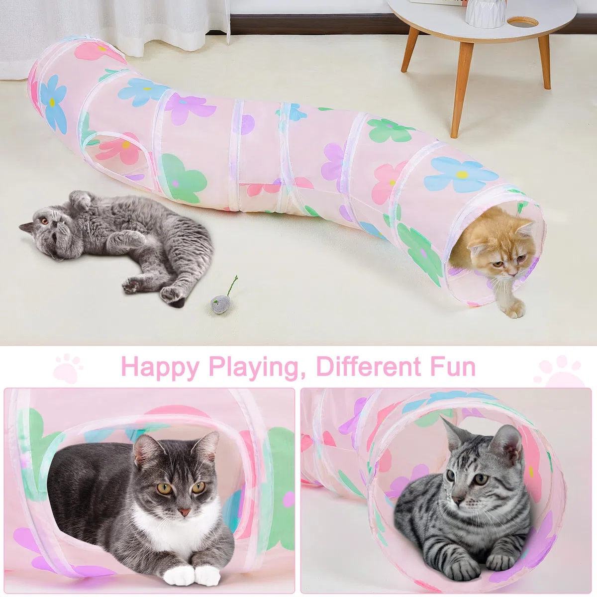 Glittme Túnel para Gatos, túneles para Gatos de Interior, Cueva de Gato Peekaboo en Forma de S con Juguetes para Gatos, Tubos Plegables para Gatos y túneles para Gatos, Conejo, Cachorro, cobaya