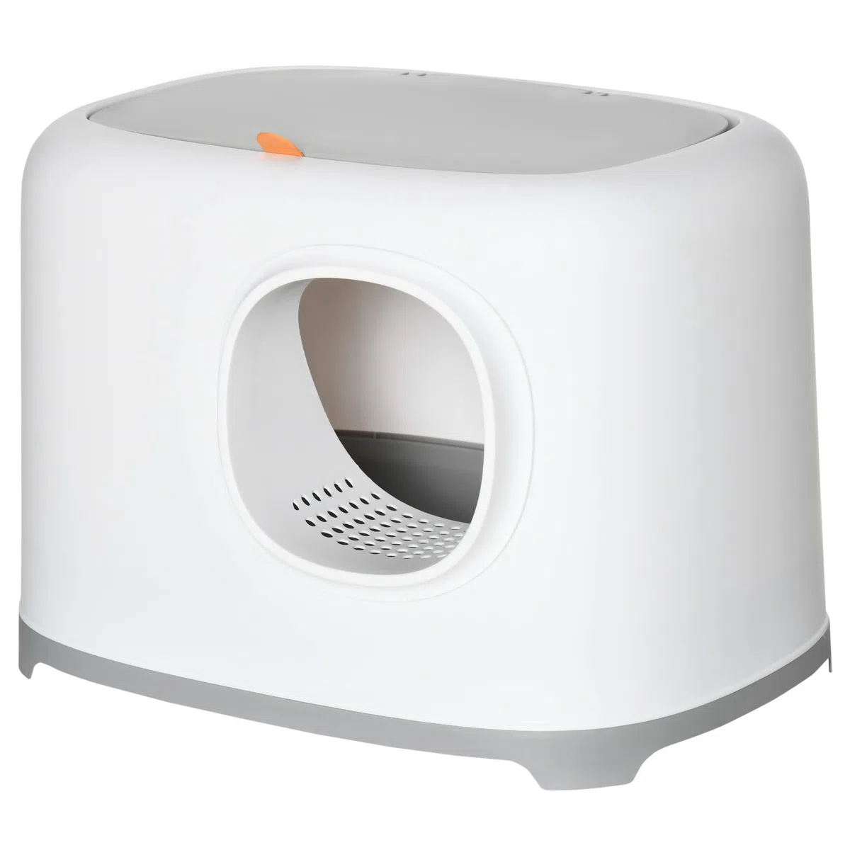 PawHut Caja de Arena para Gatos Arenero Cerrado para Gatos con Techo Abatible Orificio de Entrada Bandeja Extraíble y Pala Incluida 55x40x39 cm Blanco