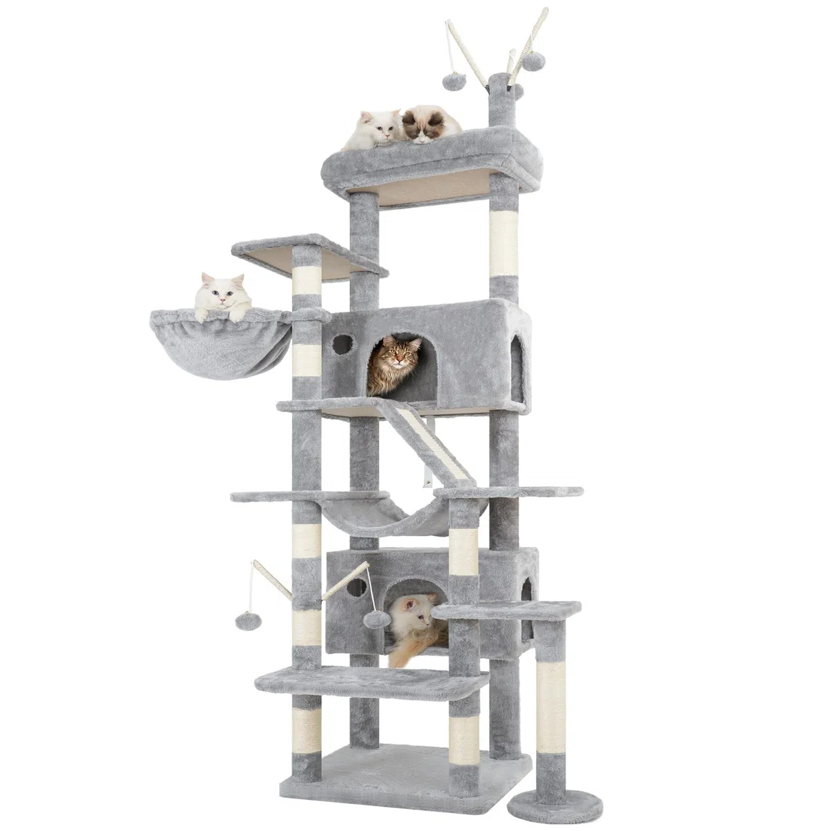Hey-brother 210 cm Árbol para Gatos, Rascador para Gatos Grande Apto para hogares con Varios Gatos, Equipado con 2 Cuevas Grandes, Hamaca, Cesta y Varita Juguete extraíble, Gris Claro EMPJ082W