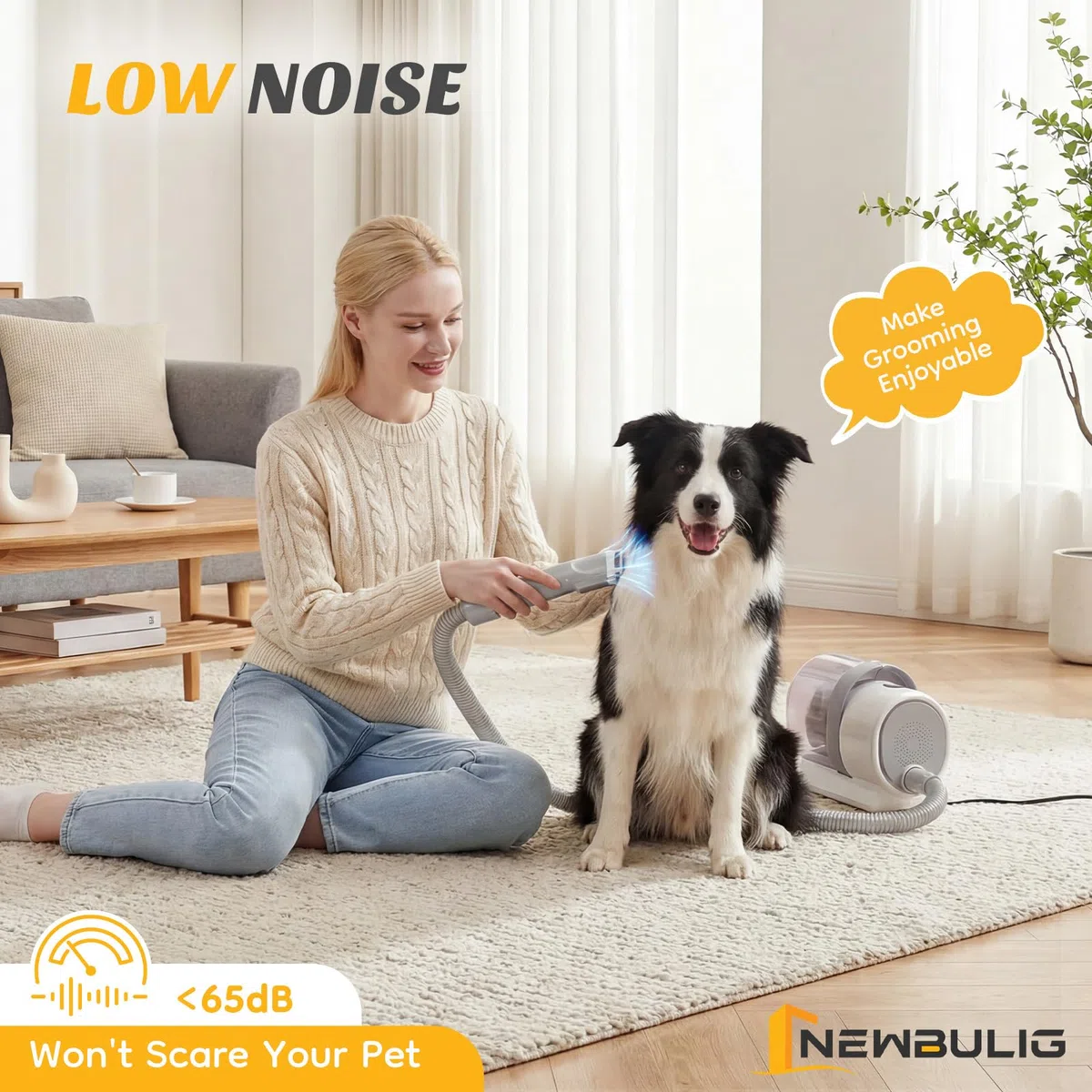 NEWBULIG Kit de aspiradora de aseo para mascotas, taza de polvo de 2.5 L, 3 modos de succión y 5 herramientas de peluquería, cortadora de perros con bajo ruido inalámbrico para gatos, perros y otros