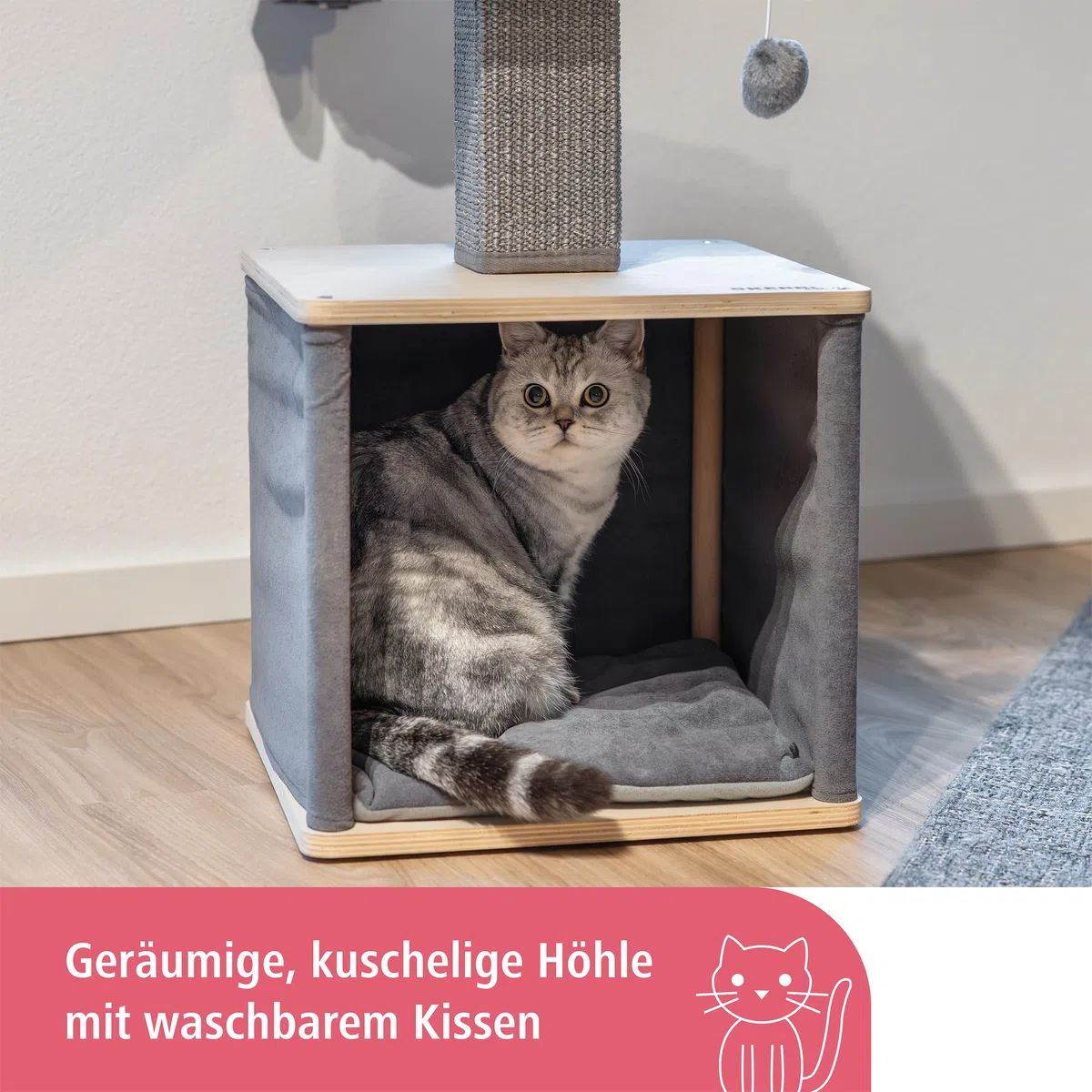 Kerbl Pet Árbol rascador Noah II, mueble rascador, gris/natural, 38 x 38 x 78 cm, madera maciza, para gatos y gatitos, con columna de sisal, cama lavable, diseño moderno