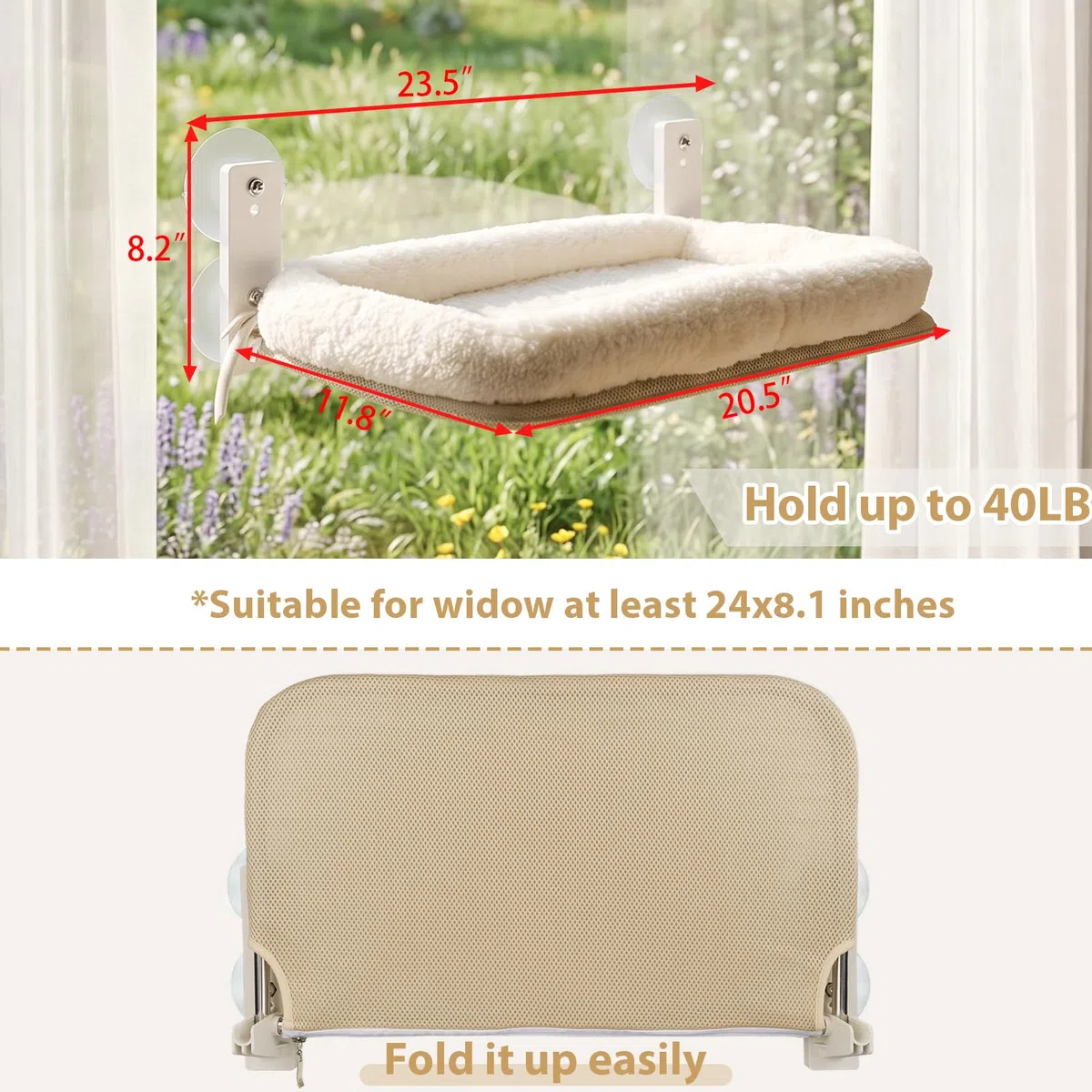 PEFUNY Percha plegable inalámbrica para ventana de gato, hamaca para ventana y pared, con 4 ventosas, marco resistente para ventanas de vidrio y paredes interiores (blanco con cama grande)