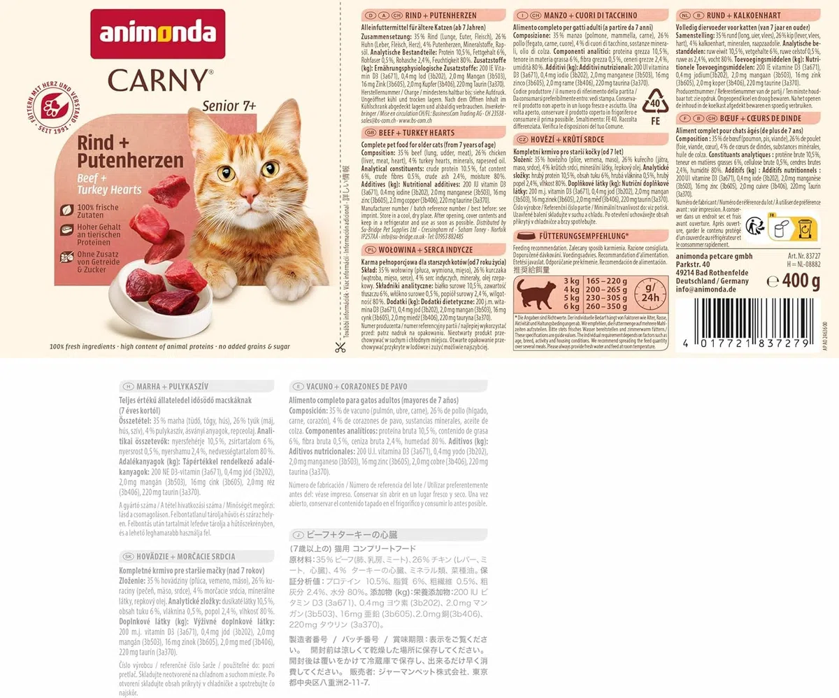 Comida para gatos animonda Carny Senior, comida húmeda para gatos a partir de 7 años, vacuno + corazón de pavo, 6 x 400 g