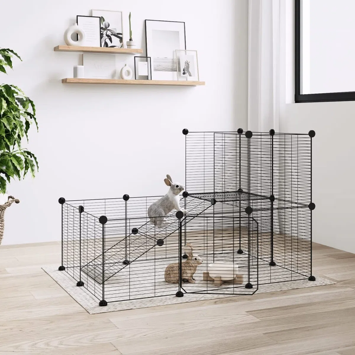 LAPOOH Jaula para Mascotas de 20 Paneles Puerta, Jaulas para Conejos, Jaula Cobaya, Valla para Mascotas, Recinto para Conejos, Parque para Conejos, Cosas para Conejos, Acero Negro 35x35 cm