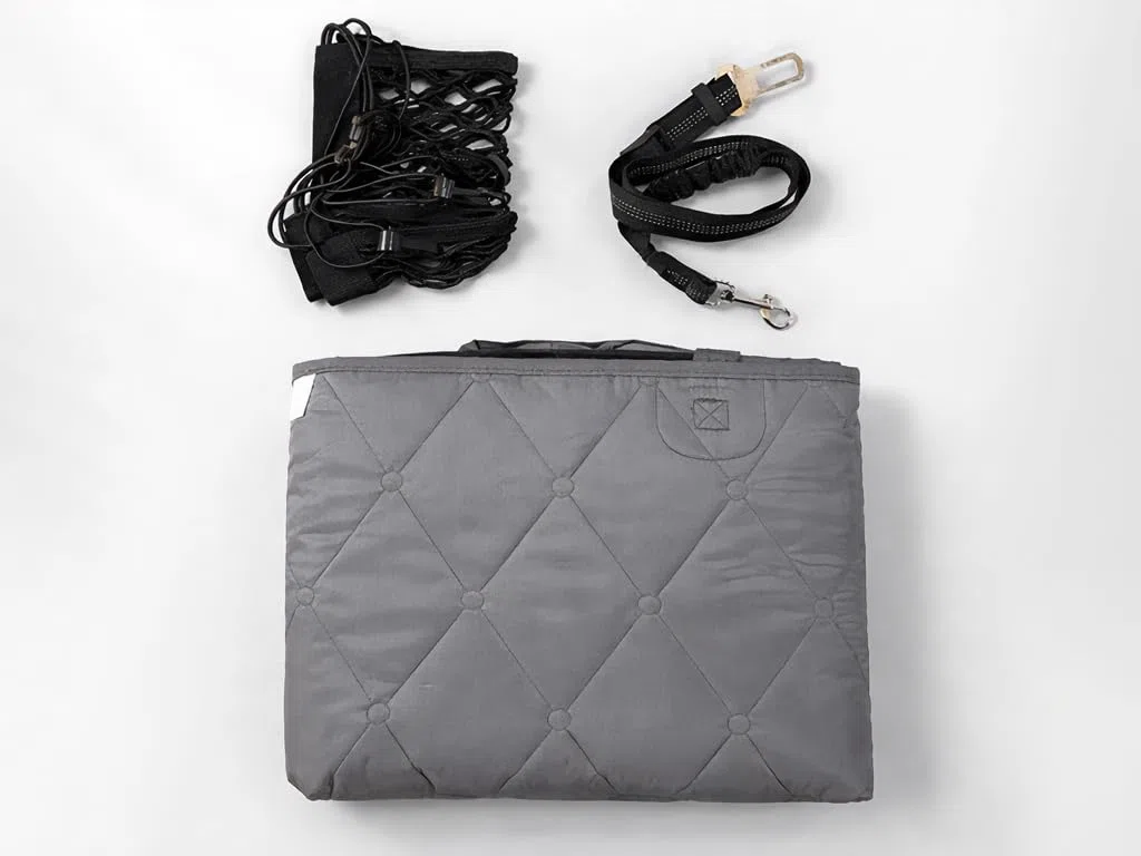NK Kit Funda Coche Perro, Engache Cinturón y Separador - Protector Asiento para Mascotas, Impermeable, Antidesliante, Ventana de Malla, Protector Completo Asiento Trasero y Puertas, Color Gris