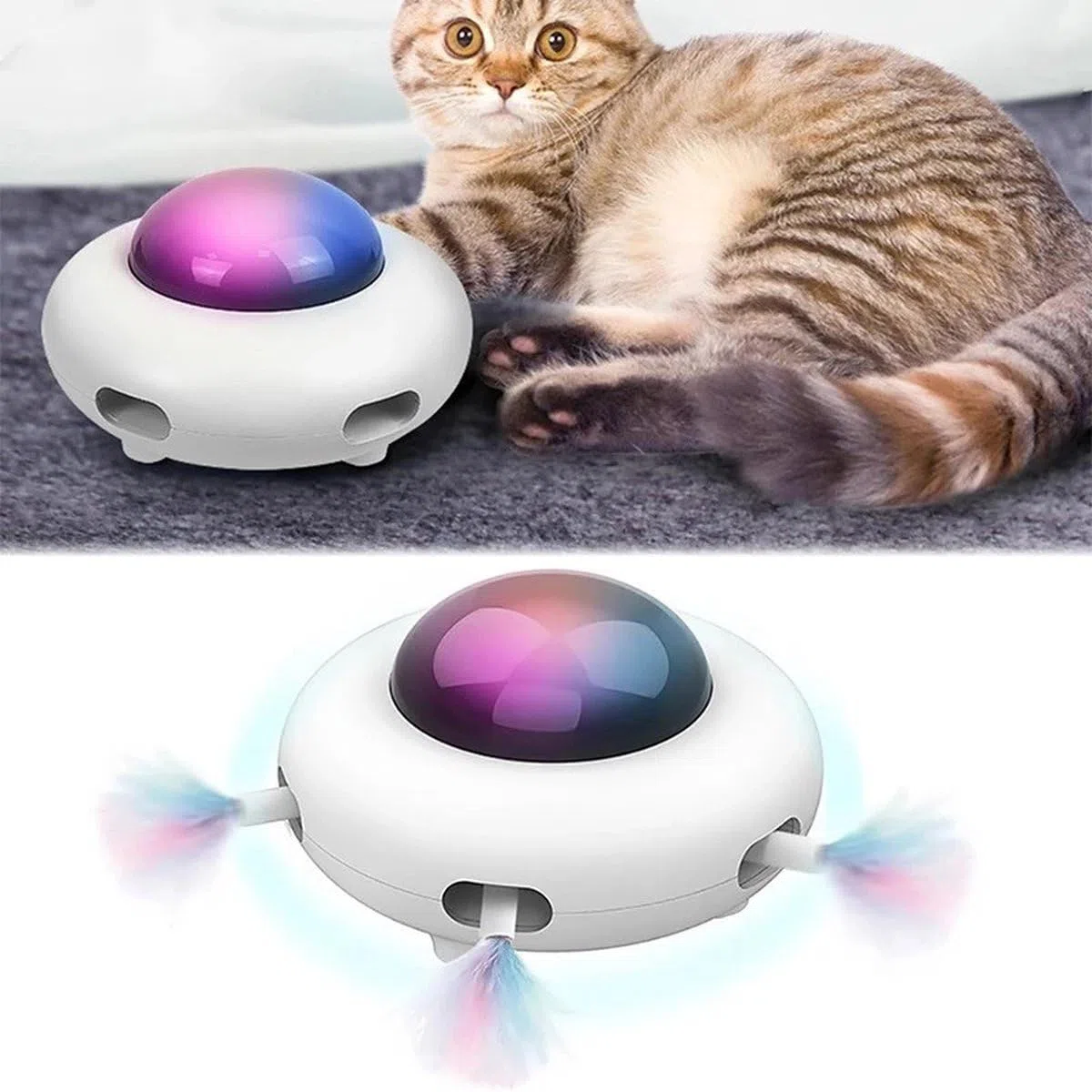 OVNI Interactive Gat Toy - OVNI giratorio con plumas - Juguetes para gatos autogiratorios - Plumas para gatos