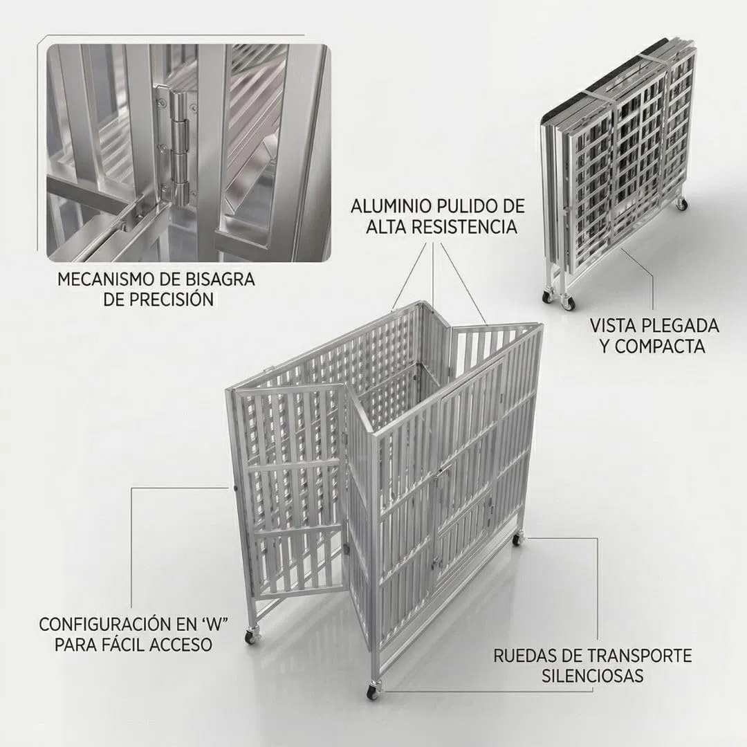 Jaula Grande Plegable para Perros de Acero Inoxidable 108 x 70 x 90 cm con Ruedas, Doble Puerta, 2 Bandejas Extraíbles y Cierre de Seguridad