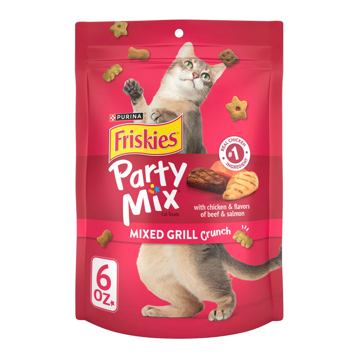 Friskies Purina Made in USA Facilities Cat Treats, Party Mix Mixed Grill Crunch - (6) 6 oz. Pouches