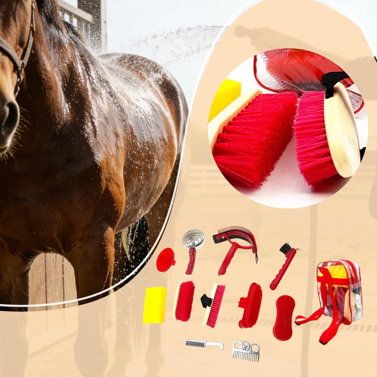 Set de 11 Piezas para El Cuidado de Caballos, Cepillos para El Sudor, Esponja de Baño, Accesorios para El Cuidado de Caballos, Herramientas de Limpiez