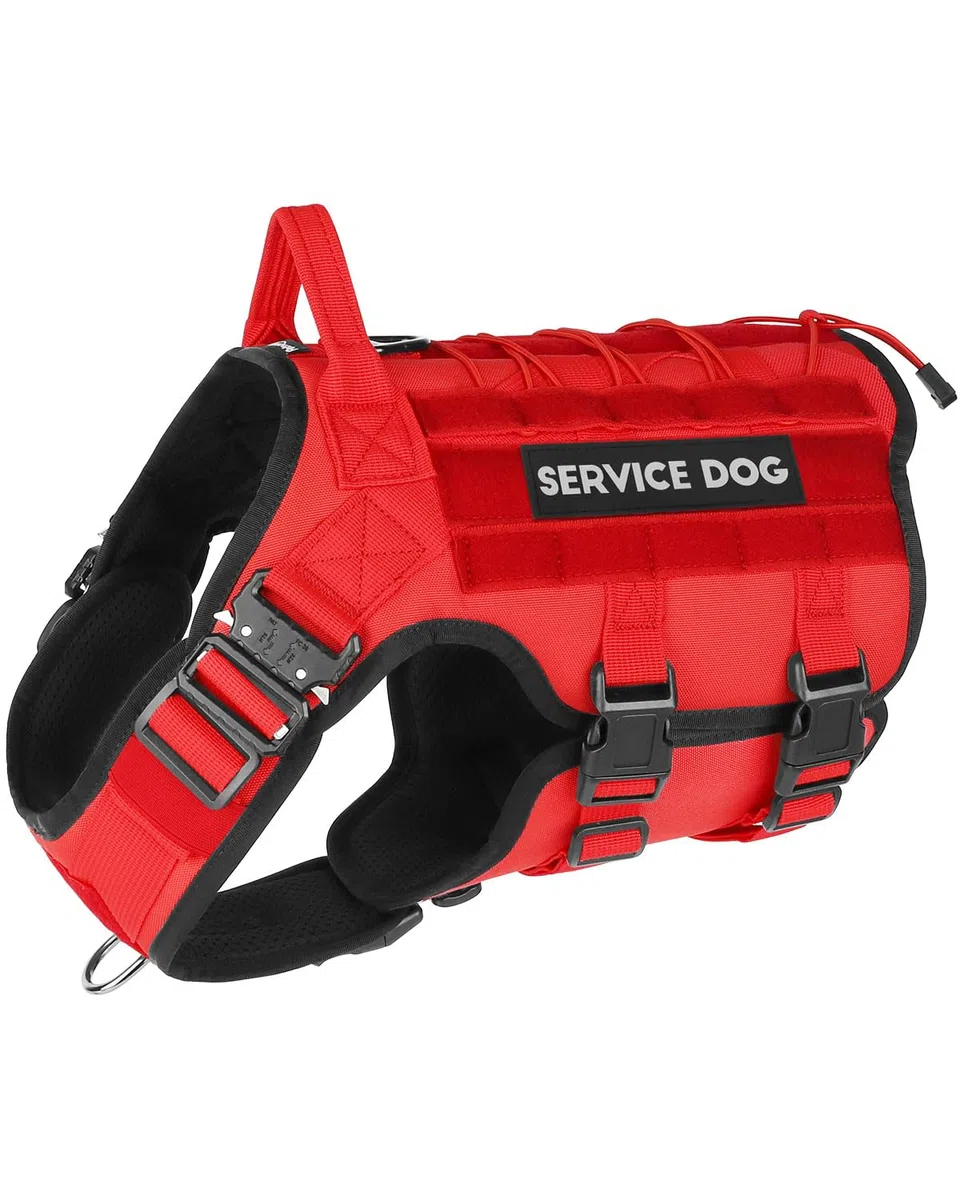 PETNANNY Chaleco táctico para perro, arnés de apoyo emocional sin tirones con parches de velcro y sistema Molle para entrenamiento y caza (rojo, XL)
