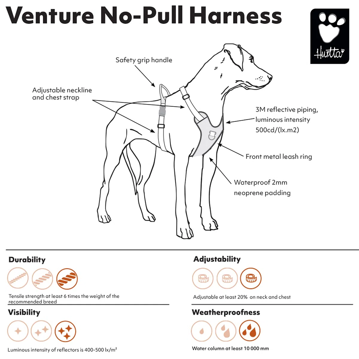 Hurtta Venture - Arnés para Perro sin tirones, Sombra, 16-18 Pulgadas