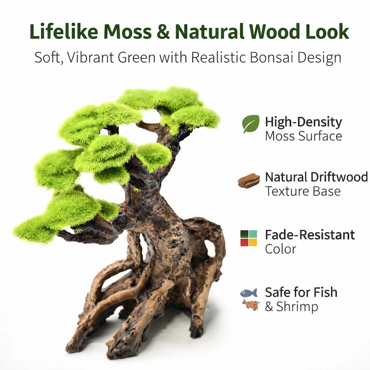 Decoración de resina de árbol de musgo de acuario para pecera, adorno de árbol bonsái artificial para paisajismo, decoración de pecera con área de descanso escondida para camarones betta
