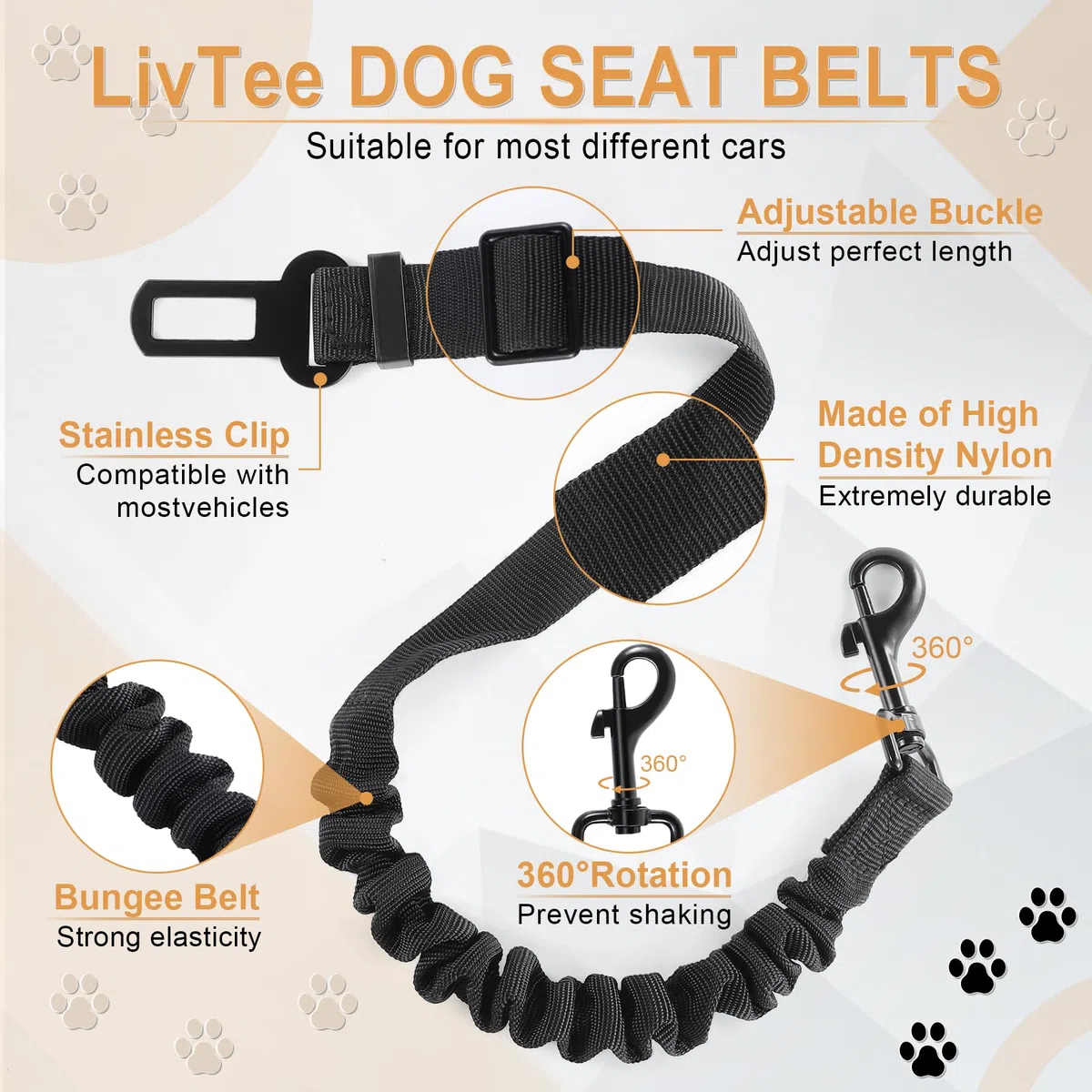 LivTee Cinturón de seguridad para perro, juego de 2 unidades, arnés retráctil ajustable y cómodo, cinturón de seguridad para perro, cinturones de seguridad elásticos de nailon para mascotas,