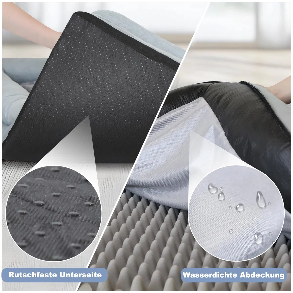 Cama ortopédica para perros, cojín impermeable para perros con espuma viscoelástica de cartón de huevos y cojín en forma de U, lavable y extraíble, sofá gris para perros con base antideslizante, 90 x