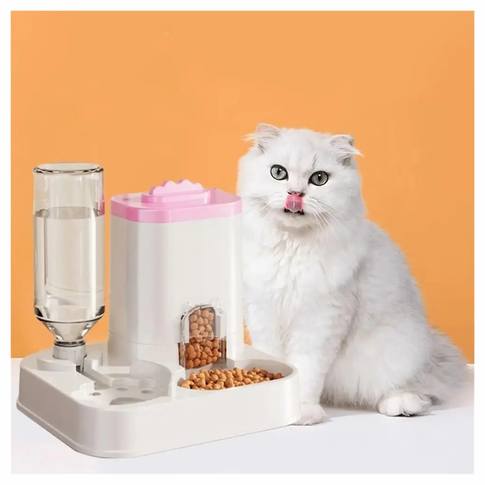Dispensador de Comida for Gatos 2 en 1 con separación Alimentos Secos y húmedos, Bebedero automático Desmontable(Pink)