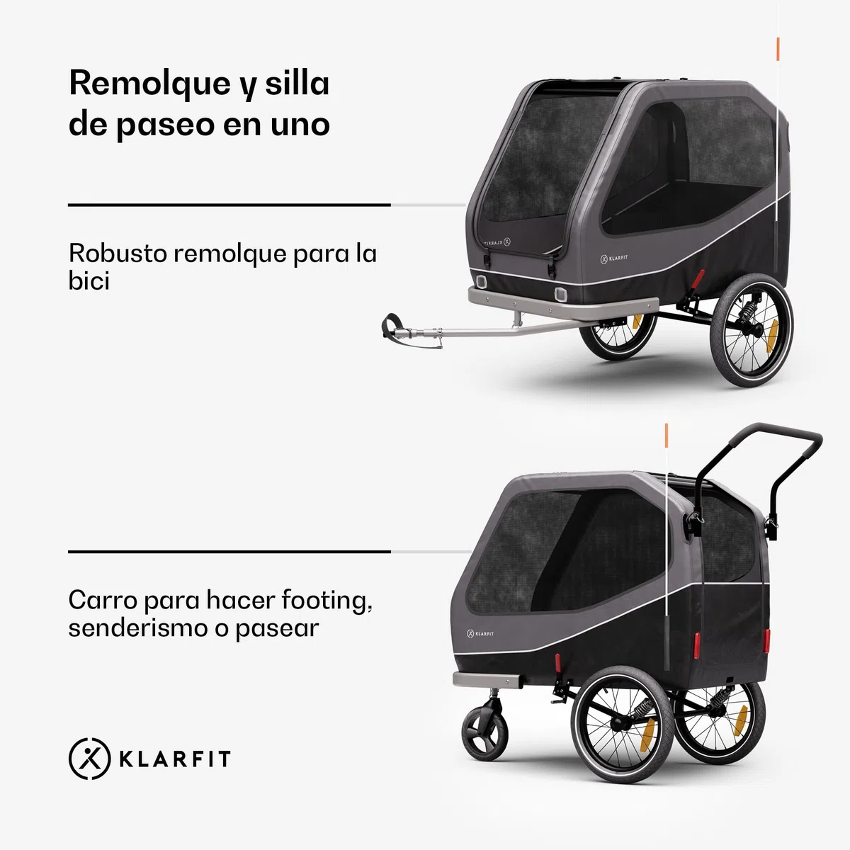 Klarfit Goldie Cochecito Remolque Bicicleta Perros, onvertible en Silla de Paseo, 324L Volumen, Impermeable, Frenos y reflectores Integrados, Carga máxima 40kg, Negro