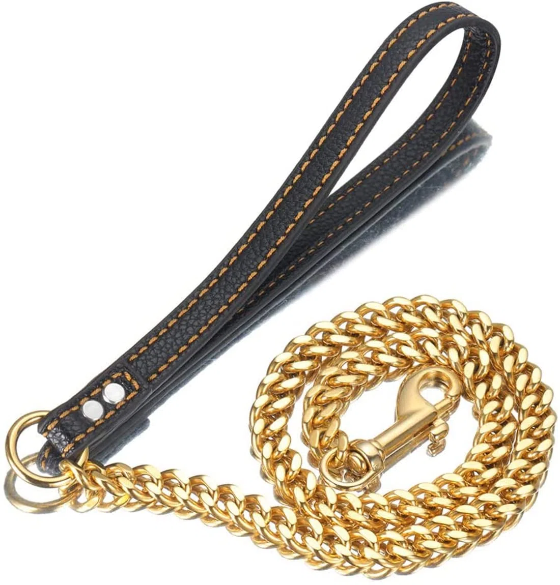 Correa de cadena para perro de acero inoxidable de 12 mm, con asa cómoda de cuero auténtico para perros grandes, medianos y pequeños (oro, 3 pies)