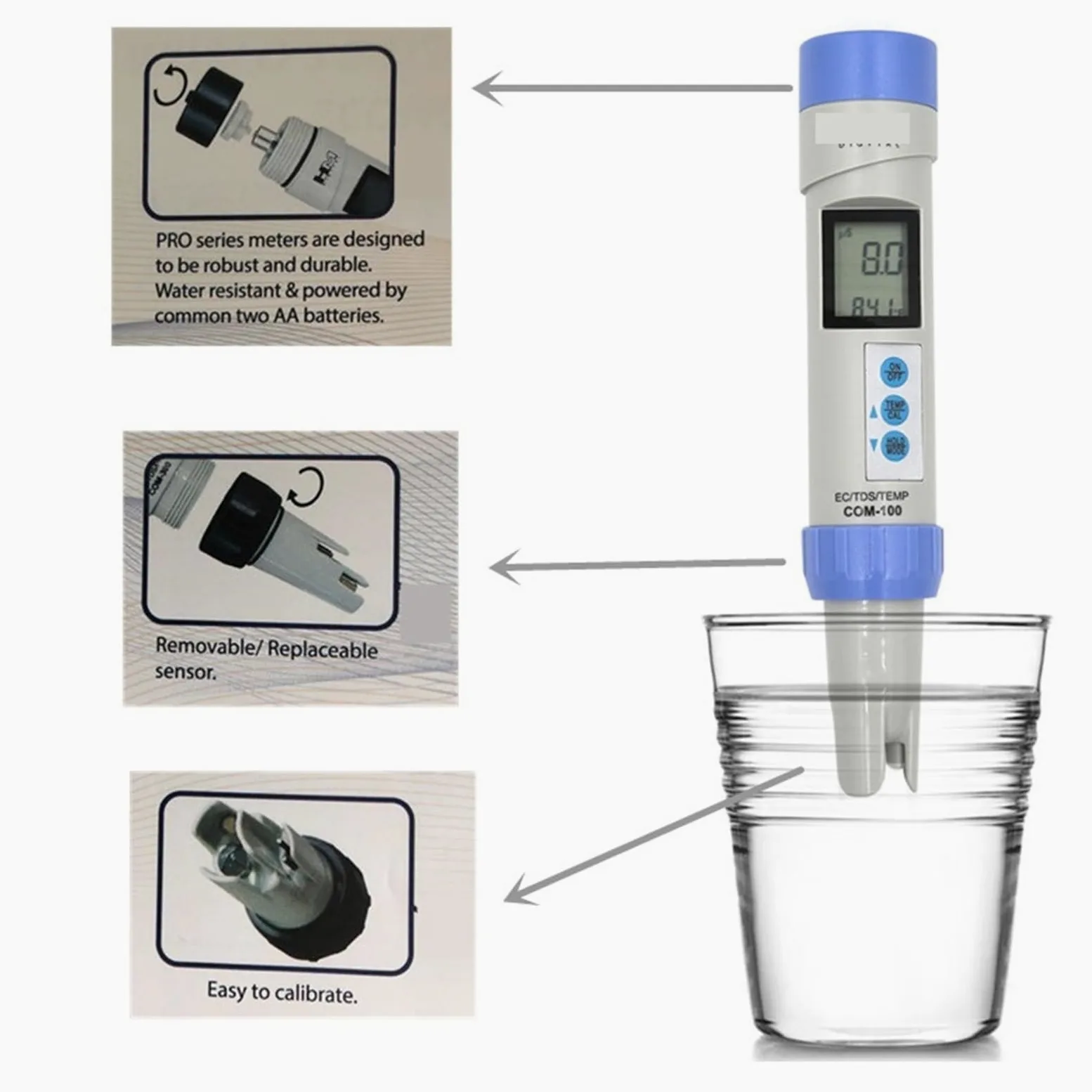 Probador de Agua, Analizador de CE Profesional, medidor de TDS, comprobador de Temperatura con calibración automática y retención de Datos, Herramientas de medición for Piscinas.