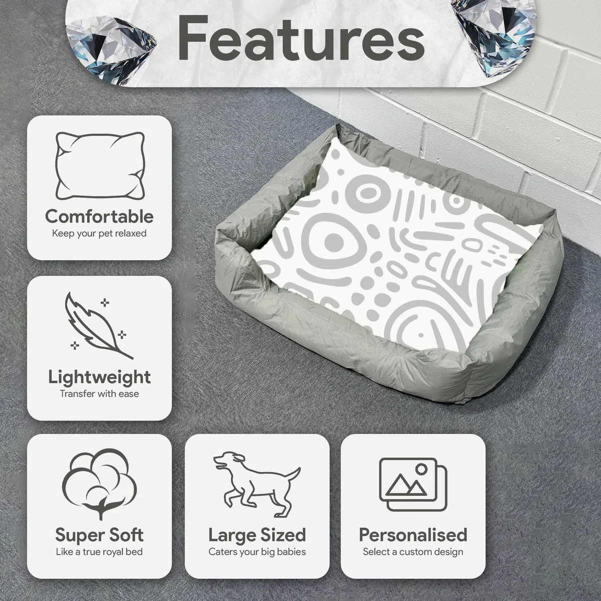TheDogTagCo Cama grande personalizada para perros con almohada, cama de espuma viscoelástica personalizada para perro con funda impermeable lavable para mayor comodidad y suavidad para tu cachorro