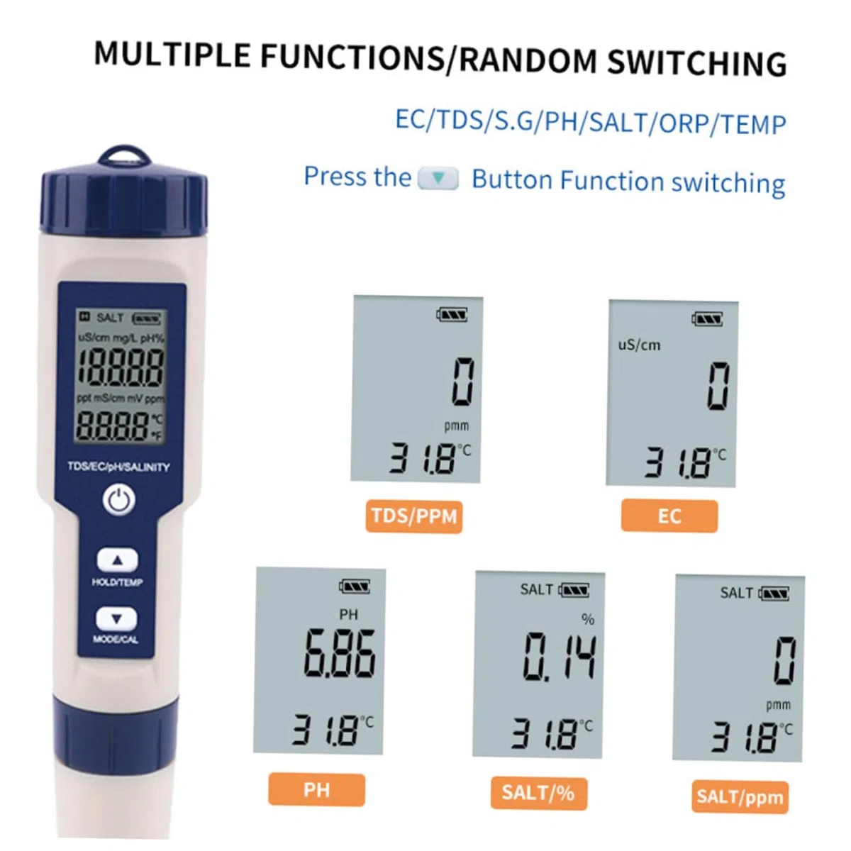 Medidor Digital de Salinidad y Ph para Acuicultura Sonda de Alta Sensibilidad y Carcasa de Plástico, Incluye 3 Baterías Lr44 para Laboratorios de Agua