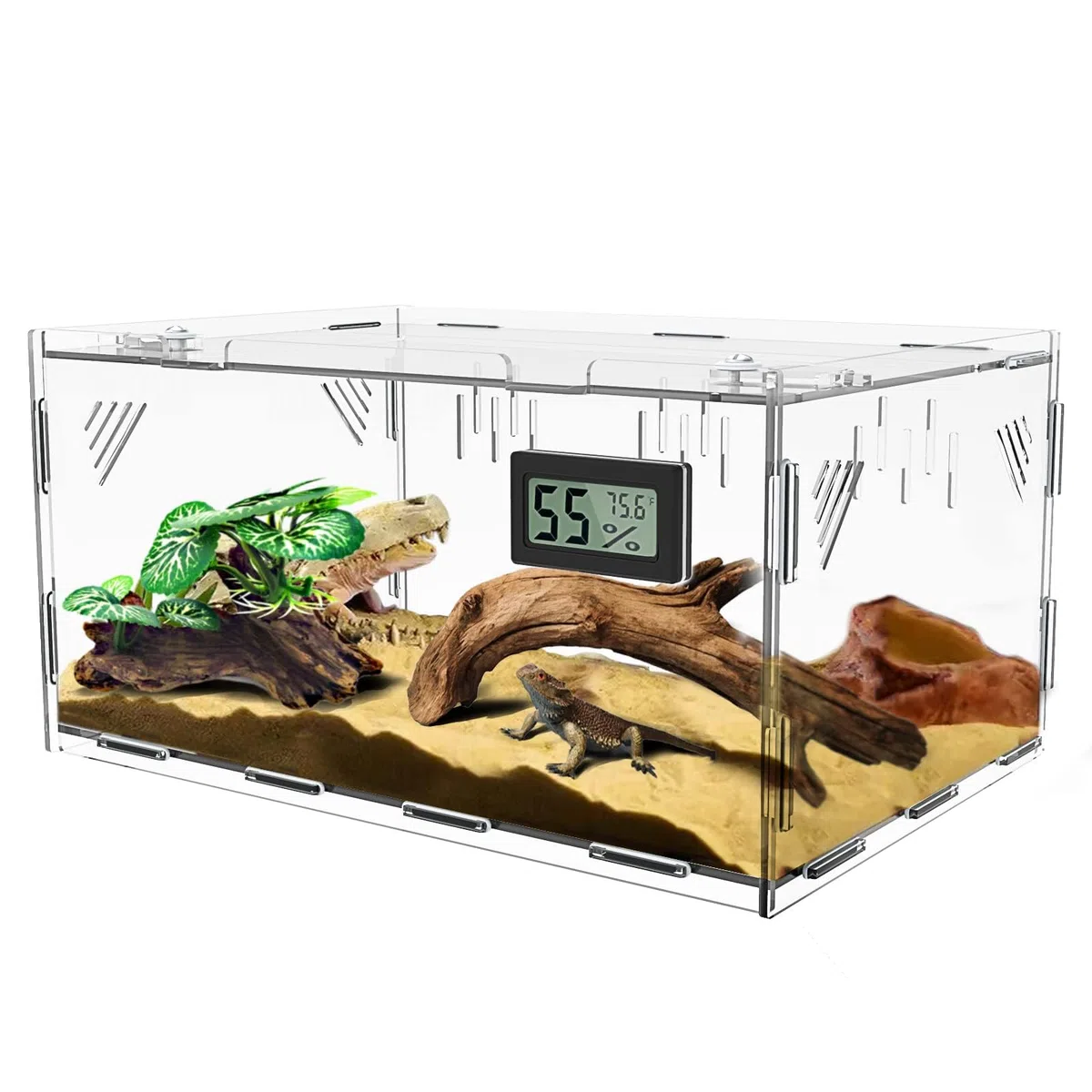 Terrarios de reptiles, con higrómetro de temperatura, 15.7 x 9.9 x 7.1 pulgadas, caja de cría de reptiles acrílicos, tanque de jaula de terrario para reptiles pequeños, insectos, oficina en casa