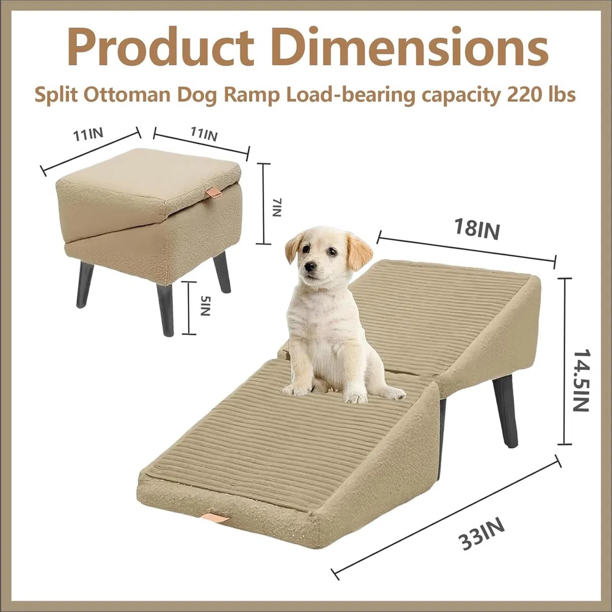 Rampa Otomana Dividida para Perros, Rampa Y Otomana Todo En Uno, Escalera Multifuncional para Perros, Rampa Y Otomana Plegable, Rampas para Camas De Perros Grandes Y Pequeños(Khaki)