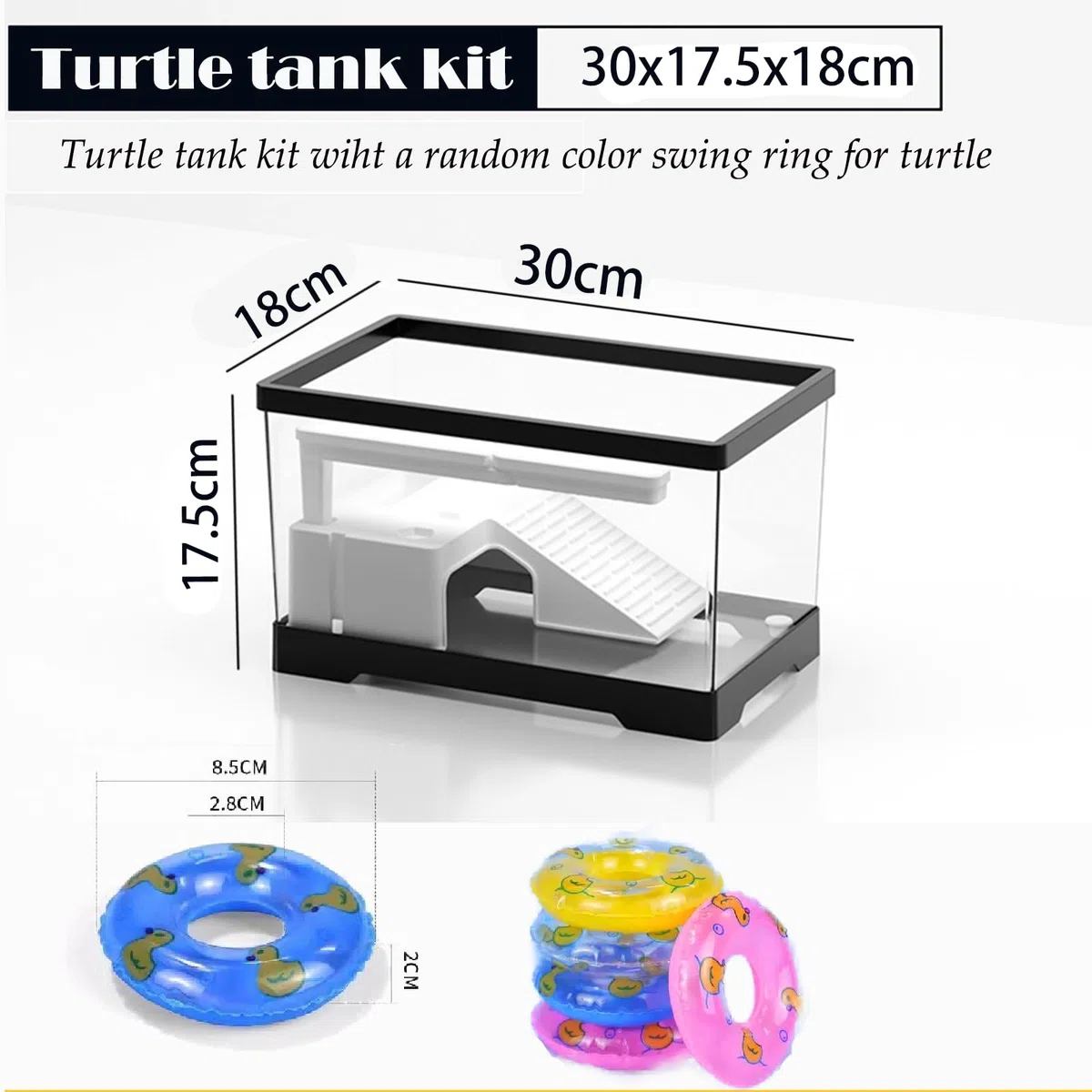 Acuario de tortuga con plataforma para tomar el sol, lluvia, juguete de criatura acuática, anillo de natación de 30 x 18 x 17,5 cm, kit de hábitat de tortuga para tortugas pequeñas y peces (pequeño)