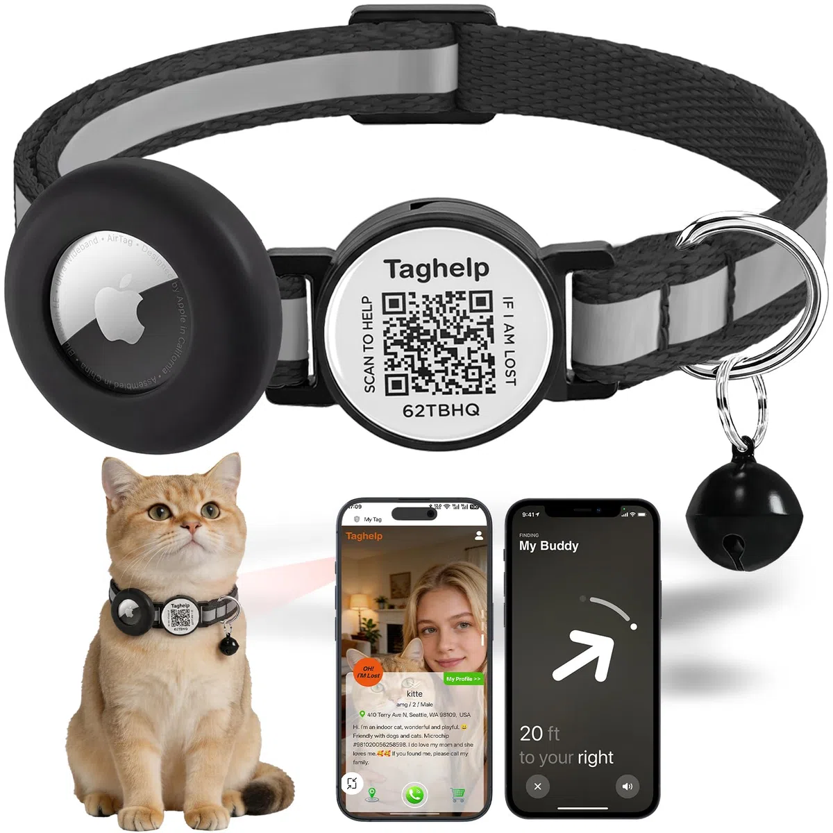 Collar Reflectante AirTag para Gato, Collar de Gato Integrado para Apple, Collar de Gato con Soporte para AirTag y Campana, Collares de Gato para niñas, niños, Gatos, Gatitos y Cachorros (Negro