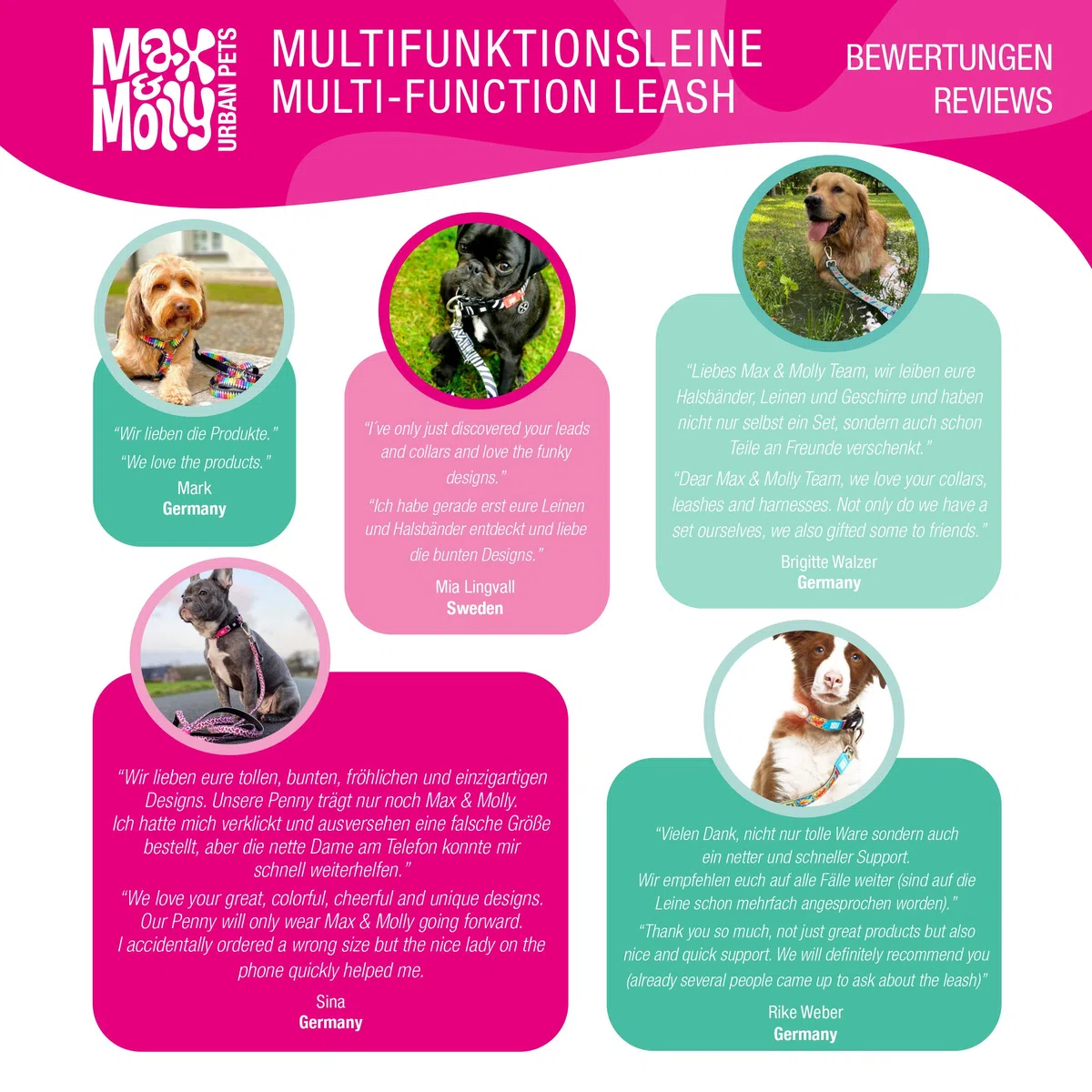 MAX & Molly Correa para Perro multifunción 6 en 1, Manos Libres, Neopreno Acolchado ultrasuave, Leopardo Rosa, L