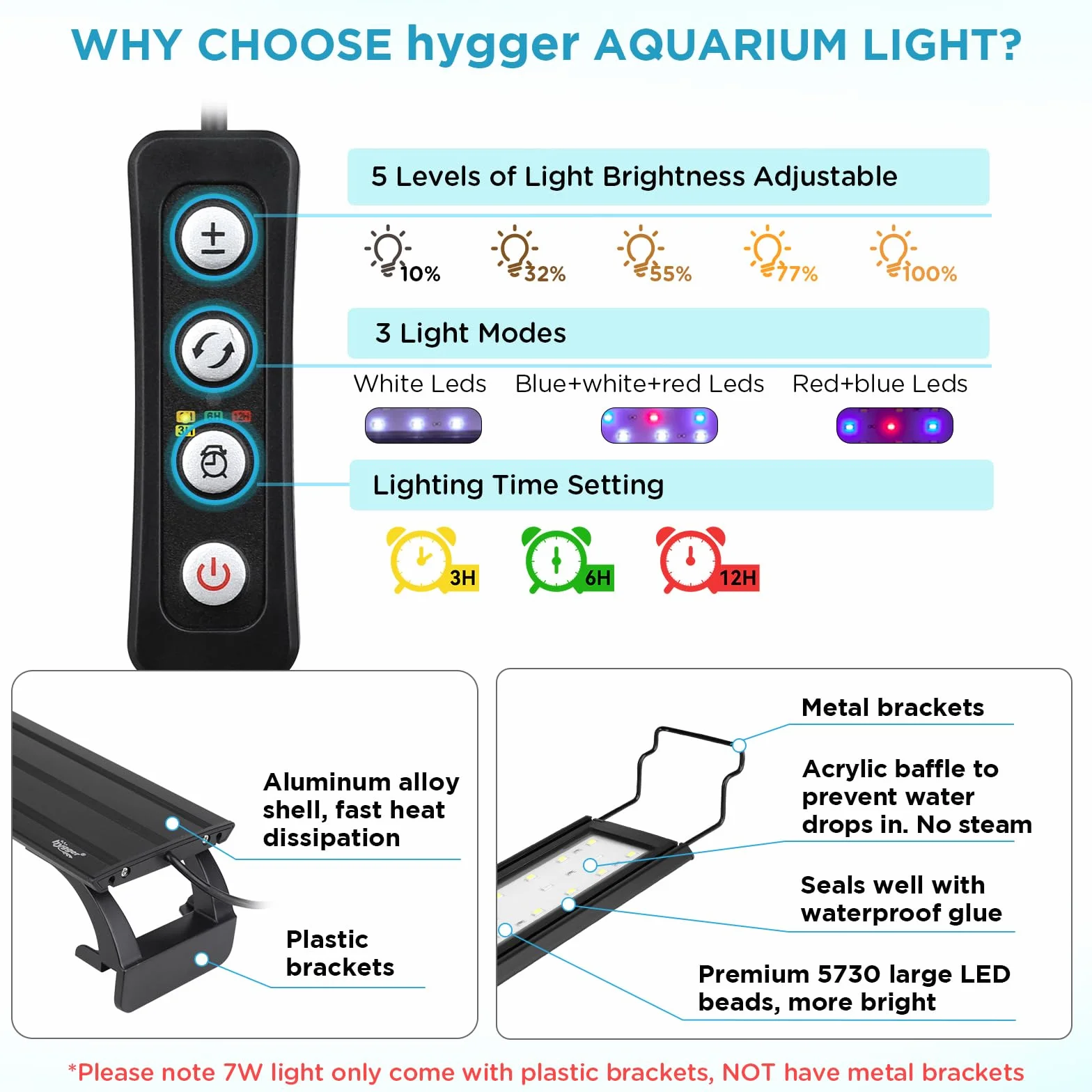 hygger Regulable Lampara LED Acuario con Temporizador, Luz LED con Soporte Ajustable(20W, 71-92cm)
