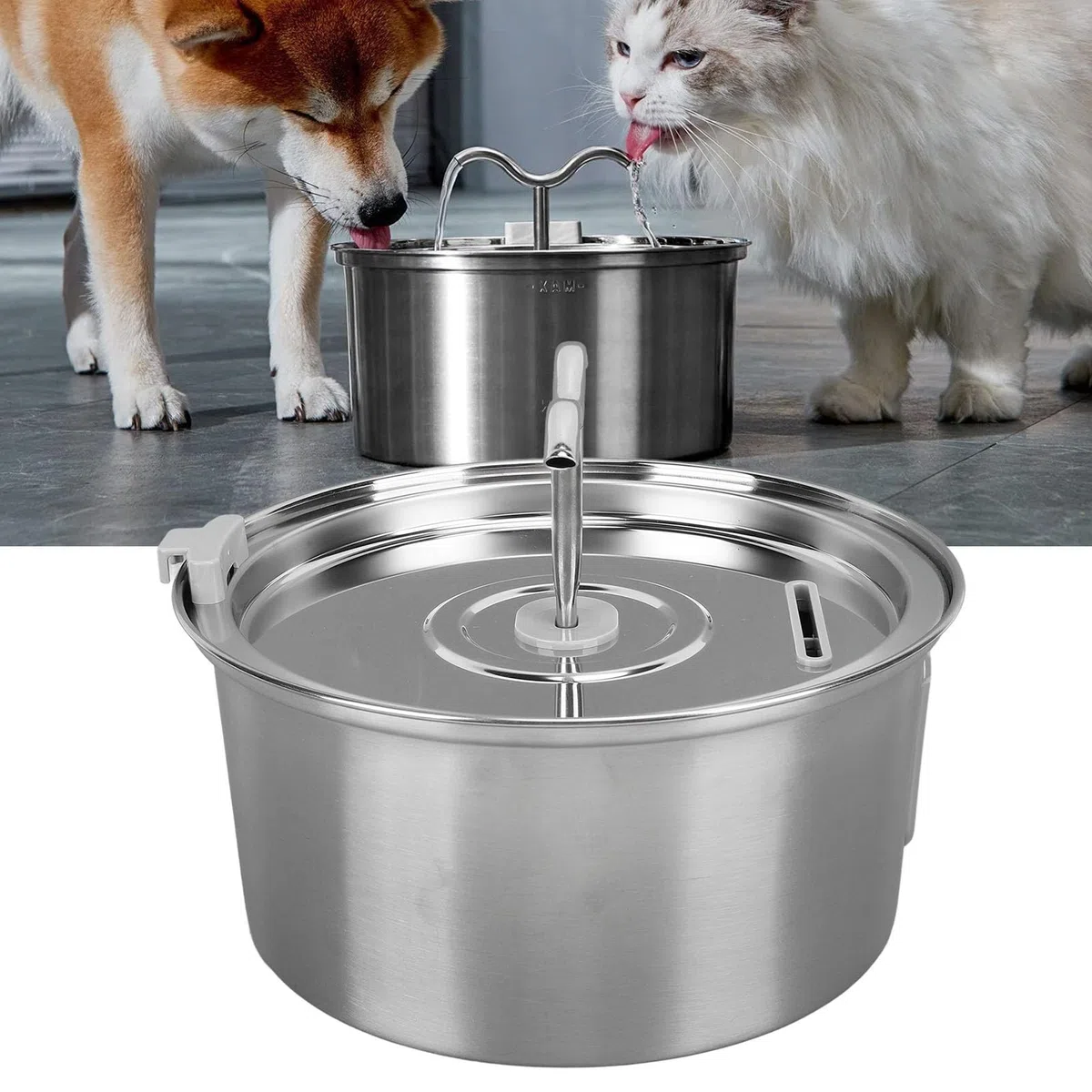 Fuente de Agua para Gatos de Acero Inoxidable, 3,2 L/108 Oz, Dispensador Automático de Agua para Mascotas con Dos Boquillas para Múltiples Mascotas, Bomba Ultra Silenciosa para