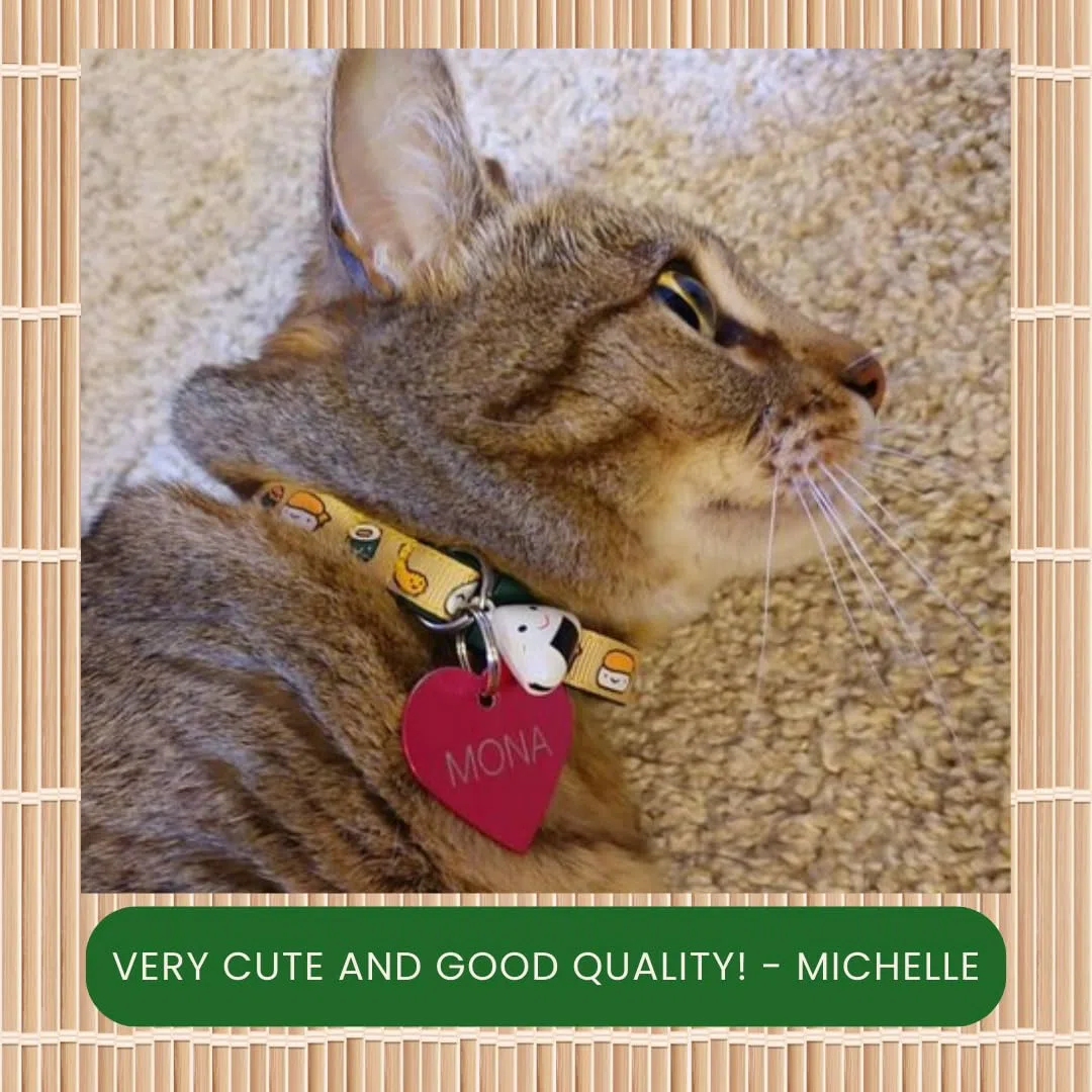Collar de gato de sushi con campana de onigiri, tamaño grande ajustable o collar de gatito, collar de seguridad (grande (10 libras en adelante), jengibre)