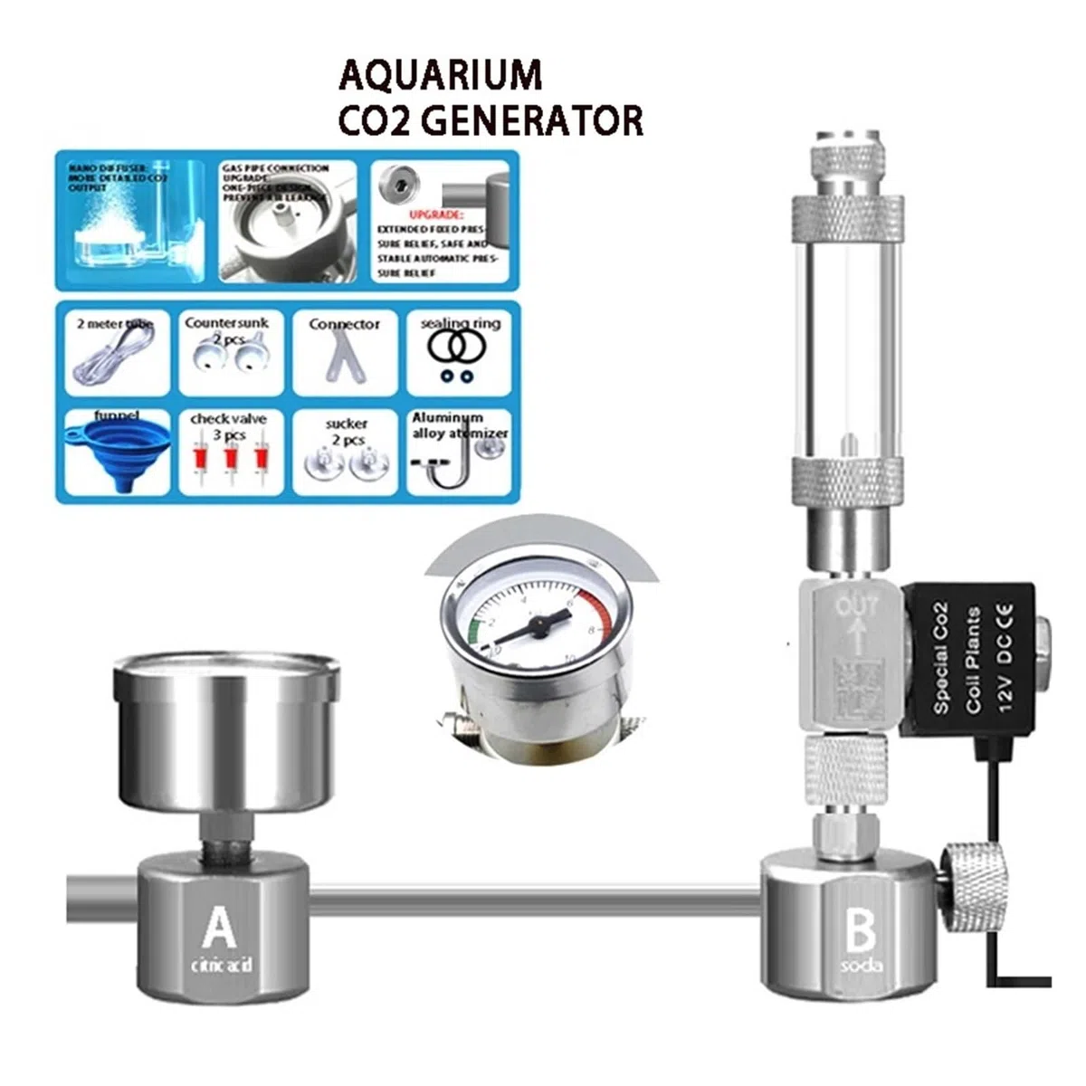 Generador de CO2 DIY for Acuario, difusor Contador Burbujas con válvula solenoide, Kit Reactor dióxido Carbono for Control Plantas acuáticas(C)