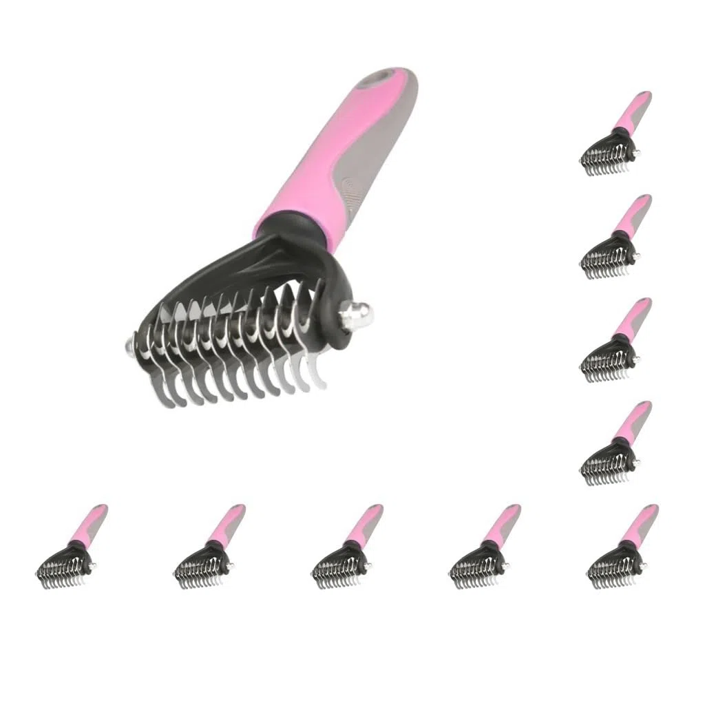 Juego de 10 cepillos de aseo para mascotas de 2 caras, rastrillo de pelo para eliminar nudos de pelo, herramienta de desprendimiento, color rosa