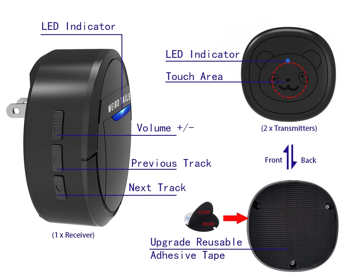 Timbre inalámbrico, Campanas de Perro para Entrenamiento de Orinal IP55 Impermeable Timbre de Puerta Que Funciona a 950 pies con 55 melodías 5 Niveles de Volumen Flash LED