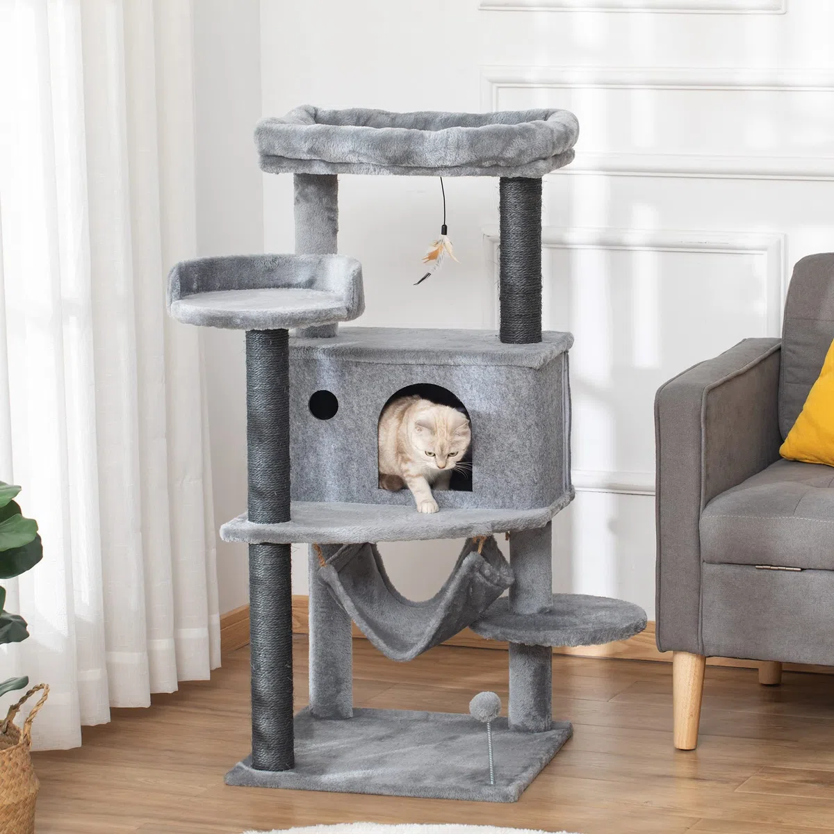 PawHut Árbol Rascador para Gatos 48x48x107 cm con Cueva de Fieltro Desmontable Hamaca Camas de Felpa Múltiples Plataformas Postes Rascadores de Sisal y Juguetes Gris | Cueva de Fieltro Desmontable, Camas de Felpa, Múltiples Plataformas, Postes de Sisal, J