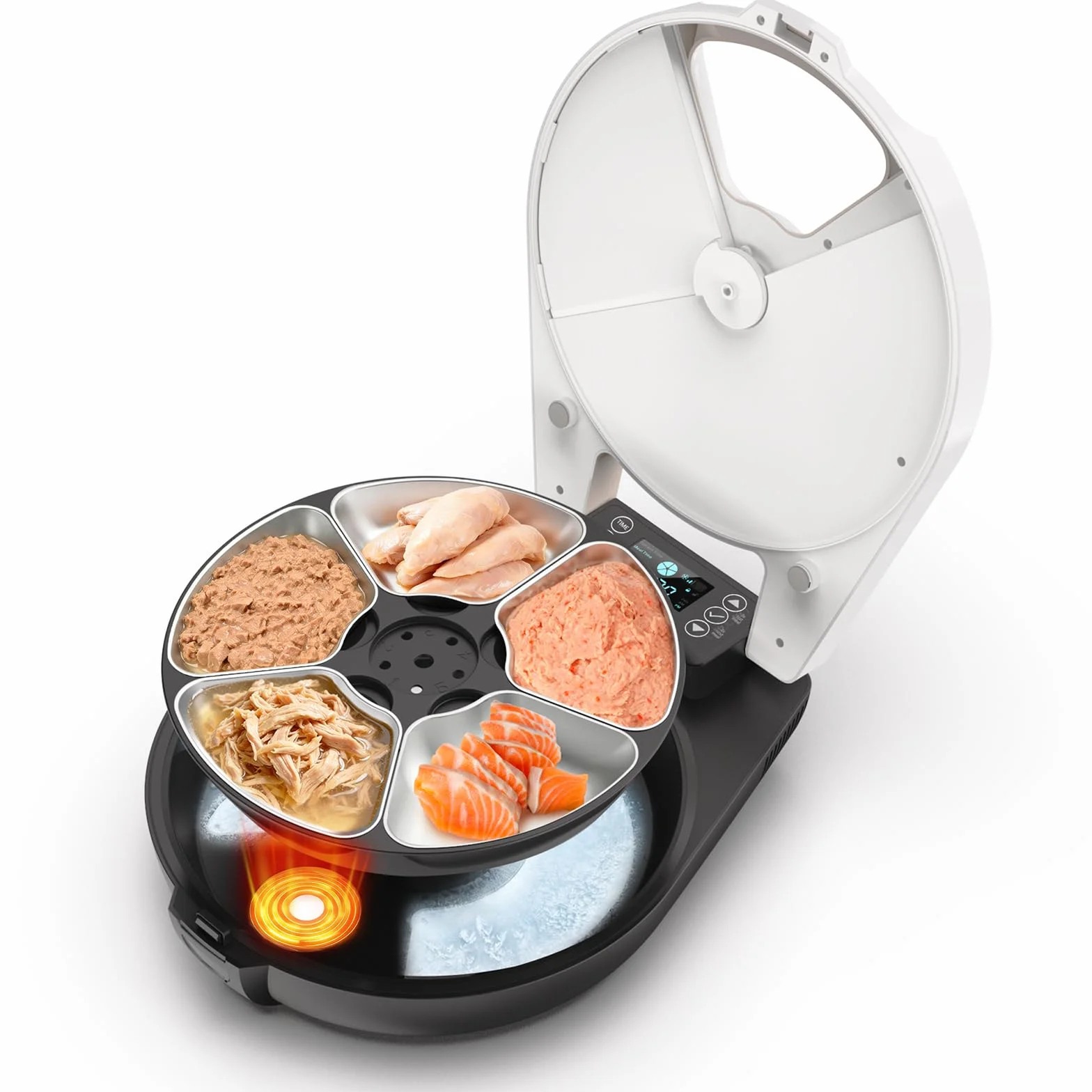 Comedero Gato Automatico Comida Humeda, 5 Comidas Frescas para 3 DíAs, Sistema De Refrigeración Y Calefacción por Semiconductores, Recipiente de Acero Inoxidable 304, Dispensador Programable Gatos