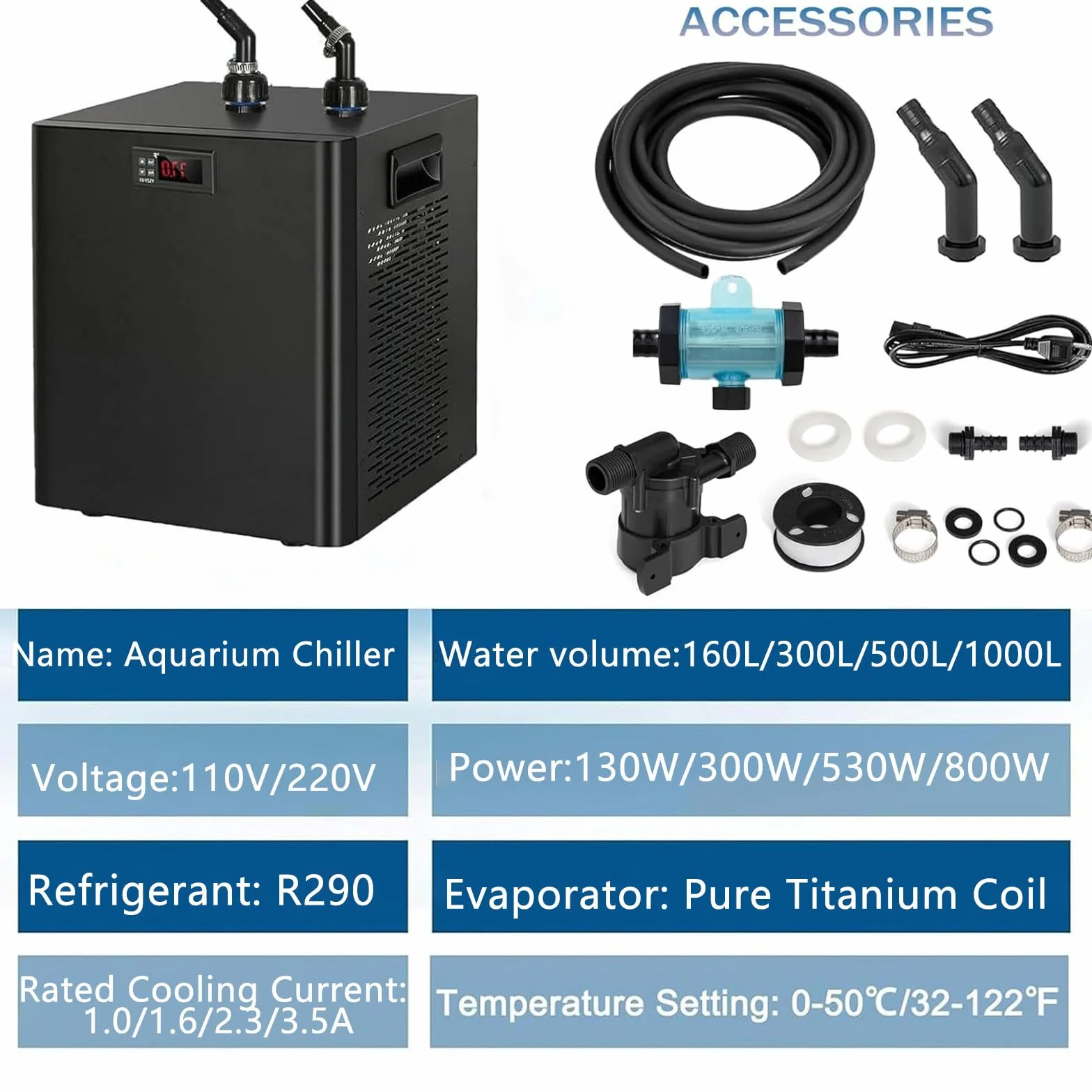 Enfriador para Acuario, diseño silencioso Especial, Enfriador de baño de Hielo para ajolotes de Agua Salada y Dulce y Medusas de Coral, fácil de Usar 160L/42gal