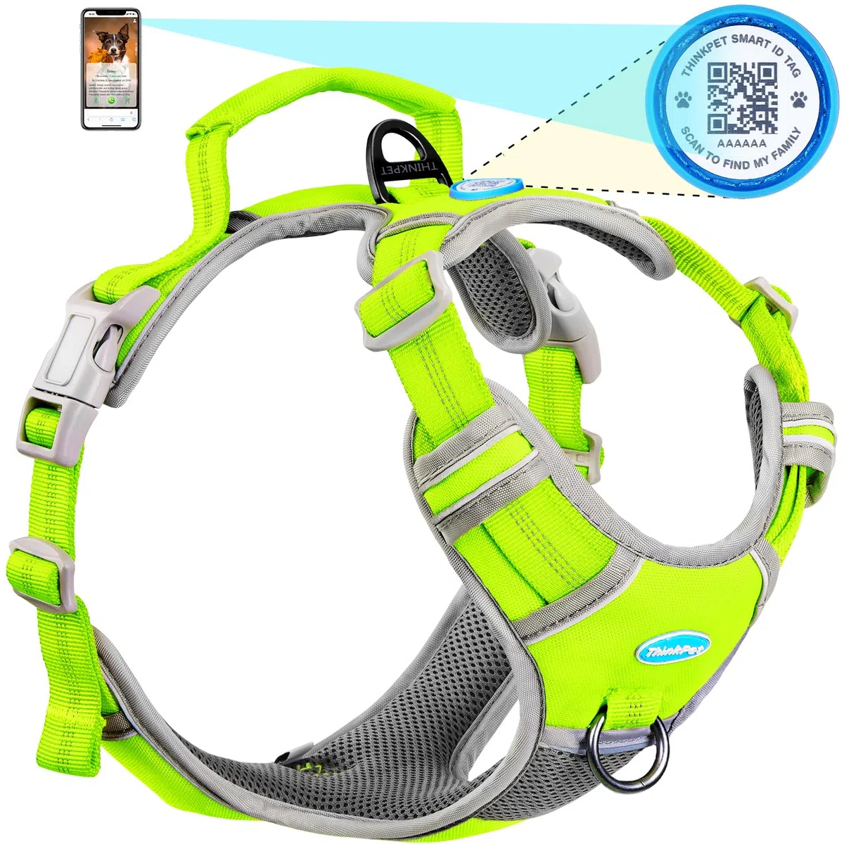 ThinkPet Arnés deportivo transpirable con código QR, arnés reflectante con asa ajustable para perros medianos y grandes, clip trasero y frontal para un fácil control, talla XL, color verde