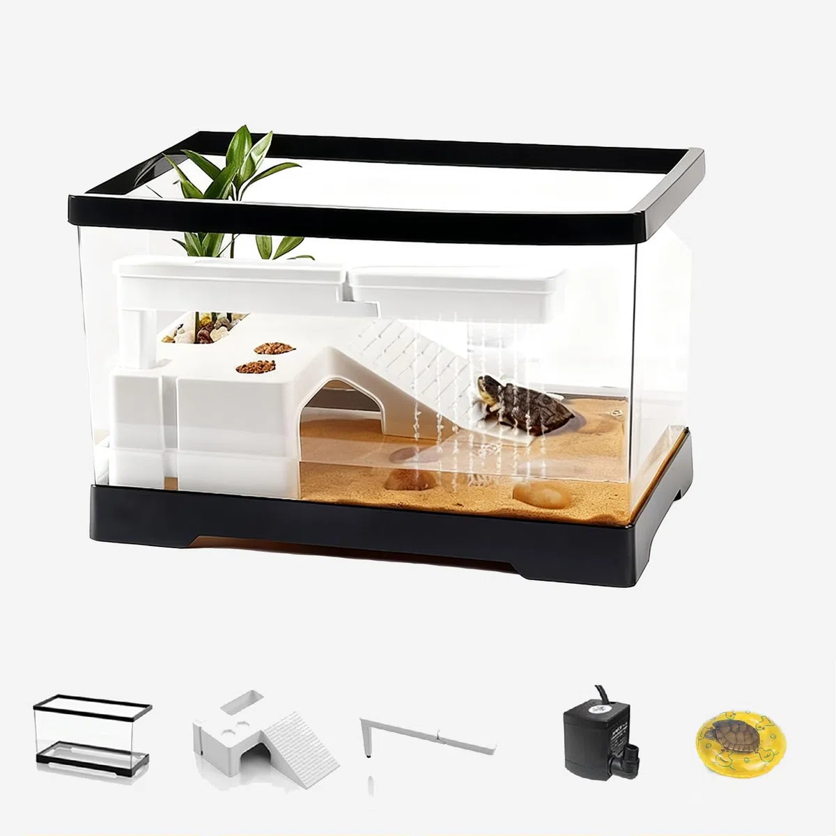 Acuario de tortuga con plataforma para tomar el sol, lluvia, juguete de criatura acuática, anillo de natación de 30 x 18 x 17,5 cm, kit de hábitat de tortuga para tortugas pequeñas y peces (pequeño)