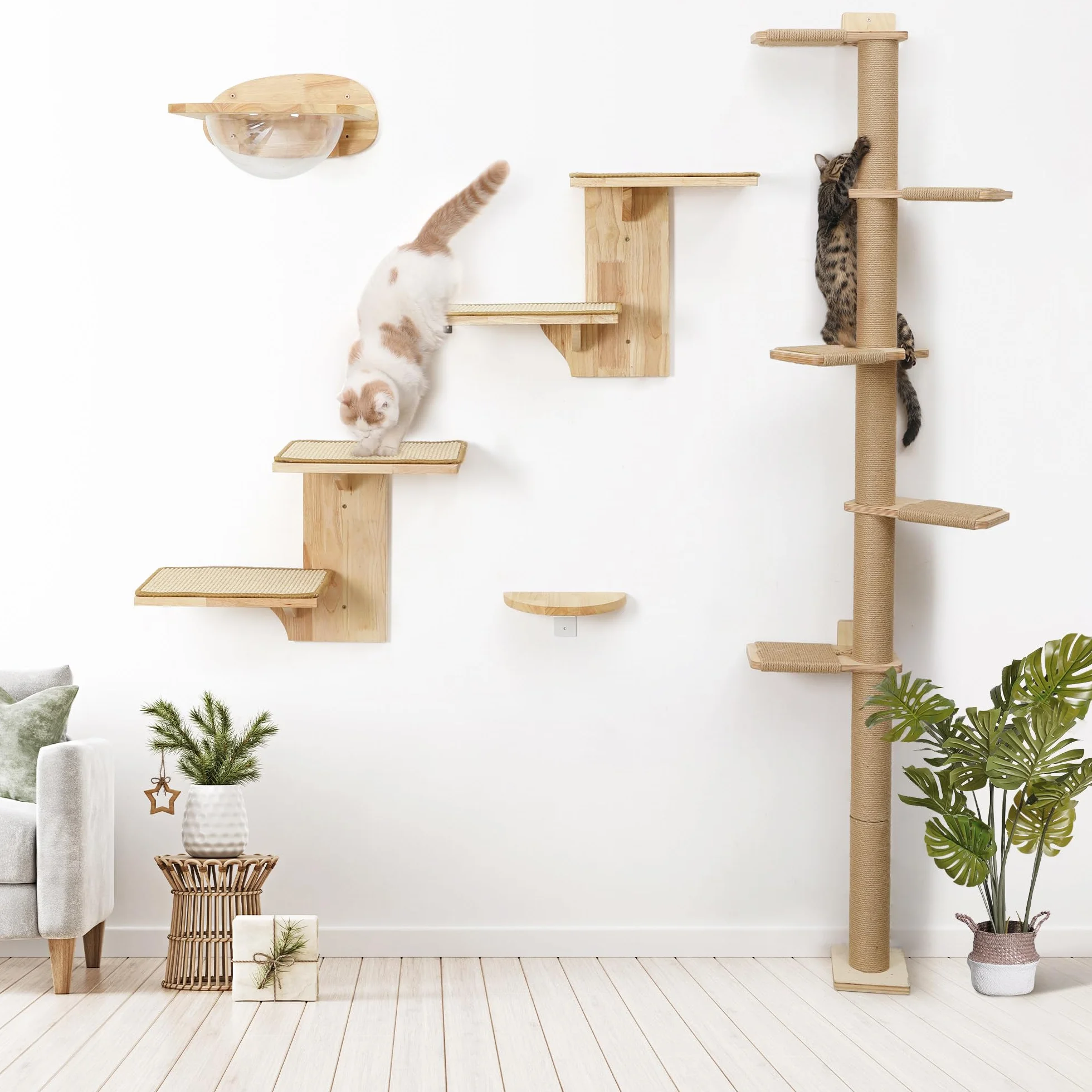 FUKUMARU Mueble de Pared para Gatos con 2 Plataformas, Hecho de Madera de Caucho Sólido, 40,6 cm, Montado en la Pared con Alfombrilla de Sisal, Estantes de Pared para Escalar, Jugar y Rascar
