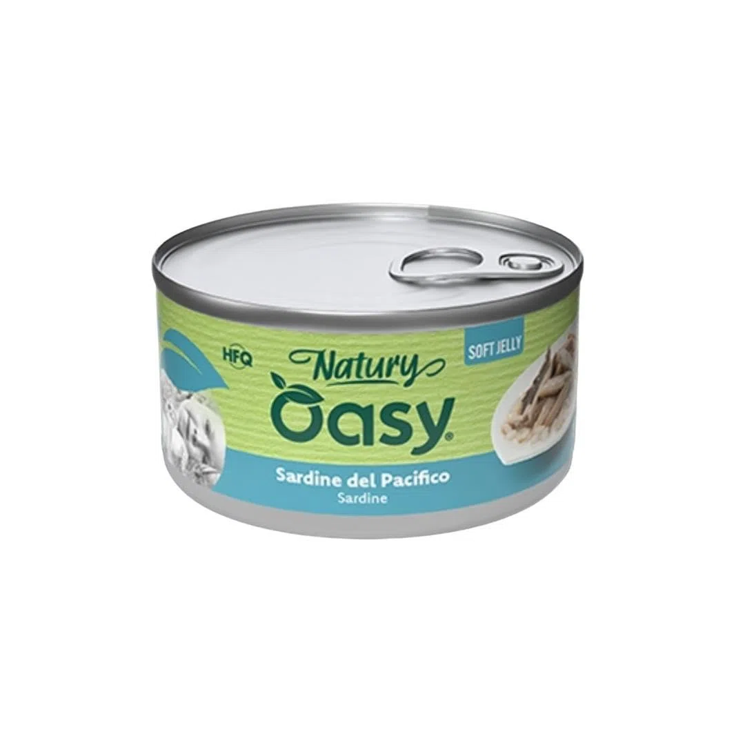 Oasy - Mascotas húmedas para gatos naturales con sabor a sardinas del Pacífico, suaves pelusas naturales de Soft Jelly para gatos adultos de todos los tamaños y razas | 12 latas de 85 gramos cada una.