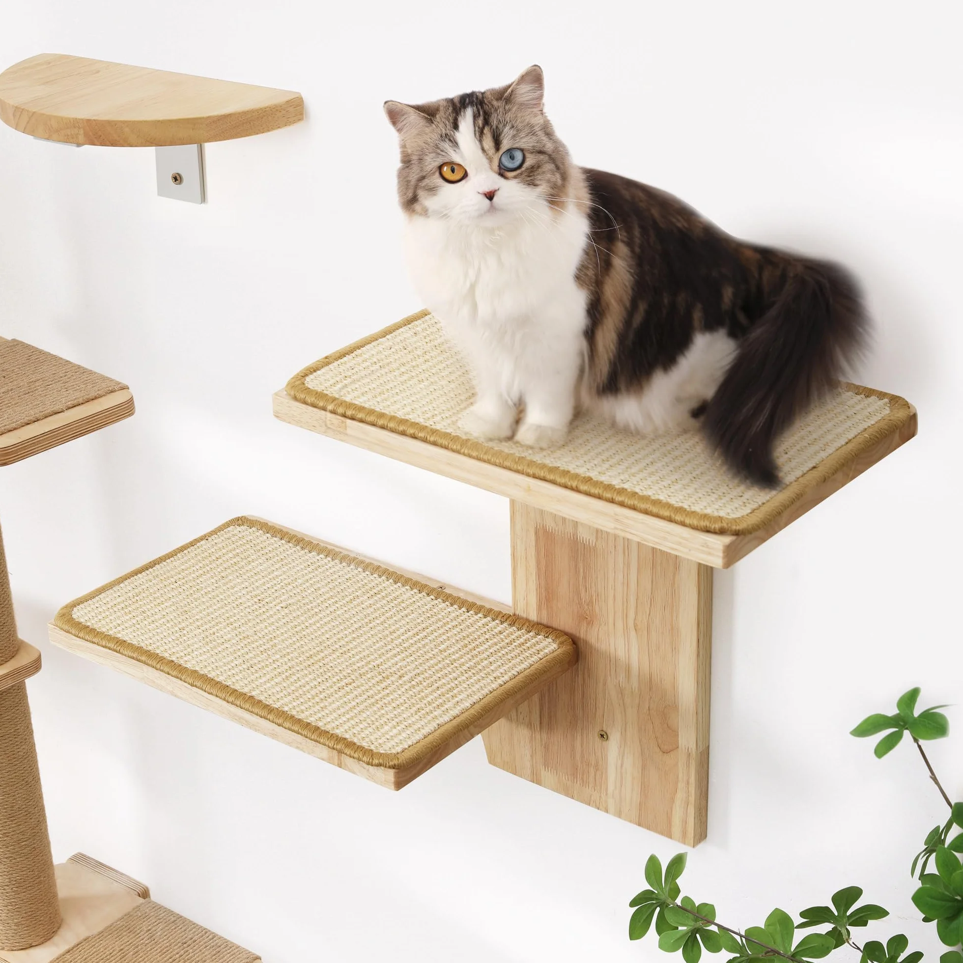 FUKUMARU Mueble de Pared para Gatos con 2 Plataformas, Hecho de Madera de Caucho Sólido, 40,6 cm, Montado en la Pared con Alfombrilla de Sisal, Estantes de Pared para Escalar, Jugar y Rascar
