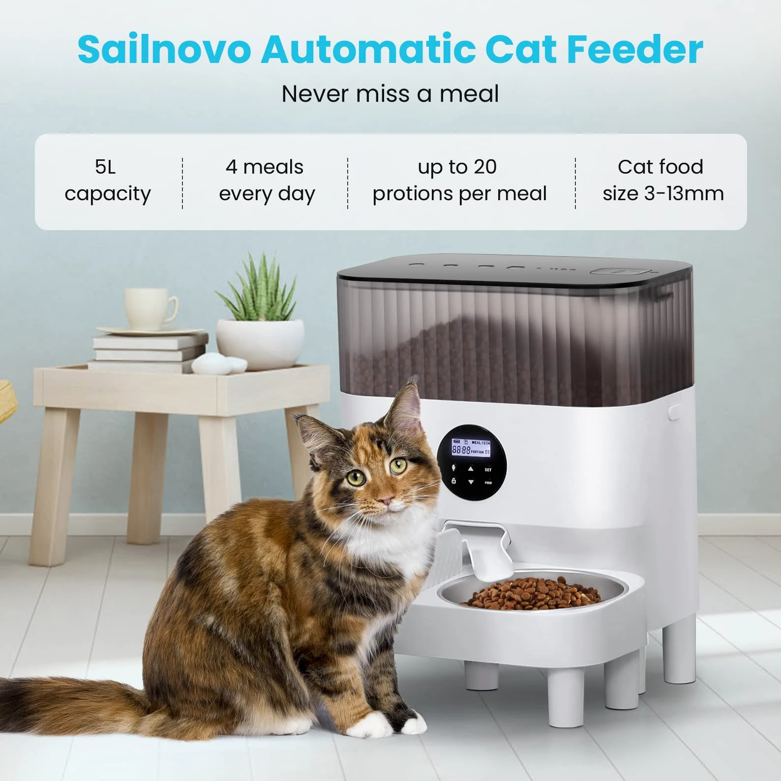 Sailnovo Comedero Automático para Dos Gatos, Dispensador con Dos Cuencos de Acero Inoxidable, Recordatorio de Voz 10s, hasta 80 Porciones y 4 Comidas al Día para Perros y Gatos, Blanco-5L