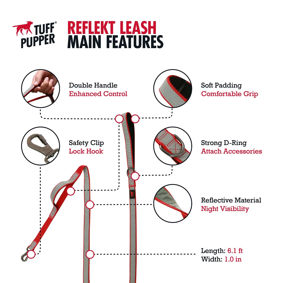 Tuff Pupper Correa de Perro Resistente, Correa de Perro de Doble asa para Sujetar Perros Fuertes, Correa de Perro de 6 pies con Clip bloqueable para Seguridad Marcha Roja 6 pies de Largo