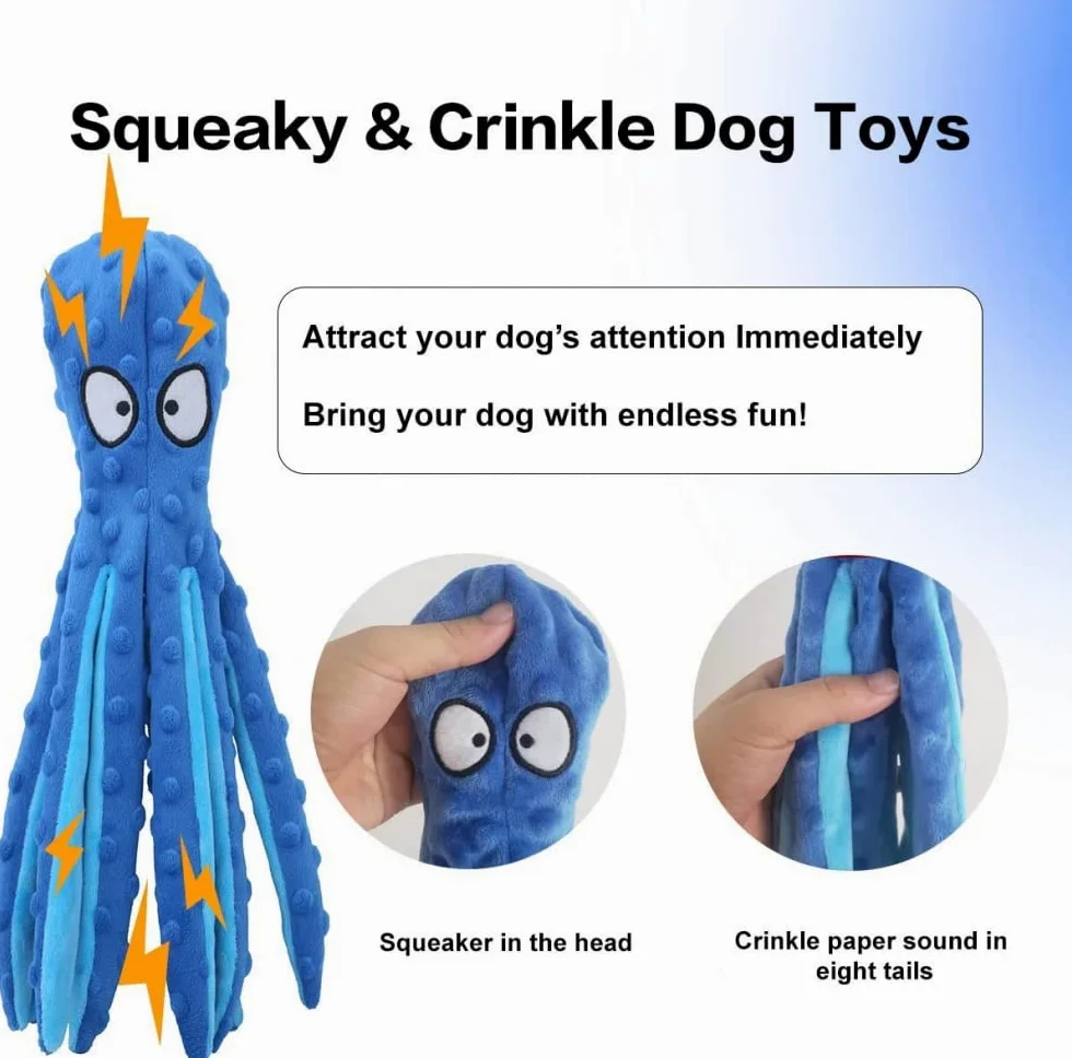 Juguete para Perro USB Squeak Octopus-Juguete para Perro de Peluche Plisado sin Relleno, Juguete para Cachorros, Perros pequeños, medianos y Grandes (4 Colores)-Blue