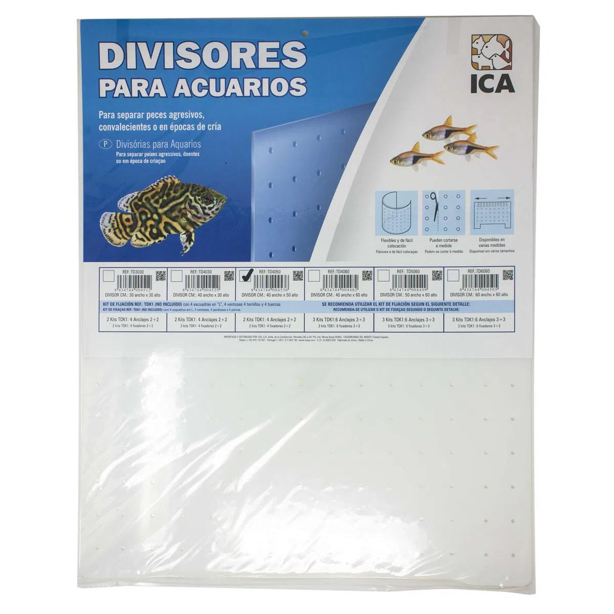 ICA Divisor para Acuarios Transparente y Flexible, Panel Separador Recortable para Peces, Ideal para Cría, Aislamiento y Cuarentena, Requiere Kit de Fijación Independiente, 60x60 cm